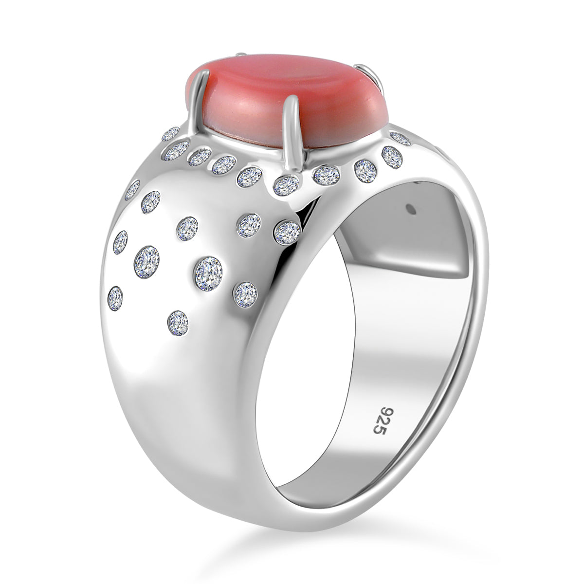 Pink Conch Shell, White Zircon Solitaire Ring in Rhodium Overlay Sterling Silver, Silver Wt. 8 Gms 4.310 Ct. 7804035 4