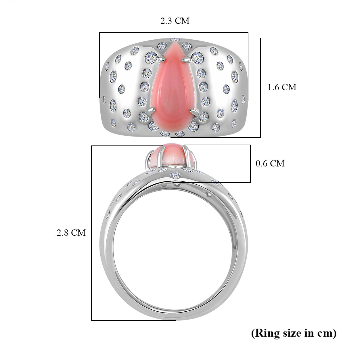Pink Conch Shell, White Zircon Solitaire Ring in Rhodium Overlay Sterling Silver, Silver Wt. 8 Gms 4.310 Ct. 7804035 6