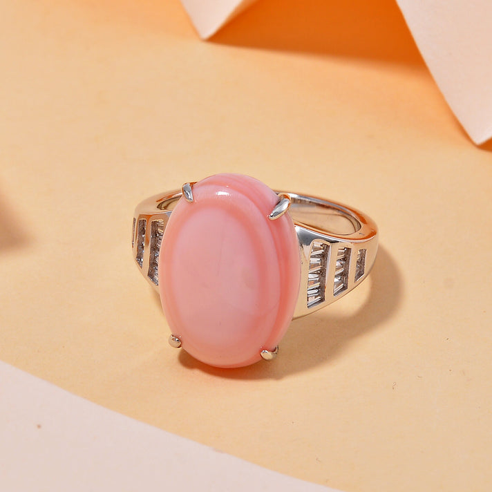 Pink Conch Shell, White Zircon Ring in Rhodium Overlay Sterling Silver, Silver Wt. 5.5 Gms 10.270 Ct. 7804054 2