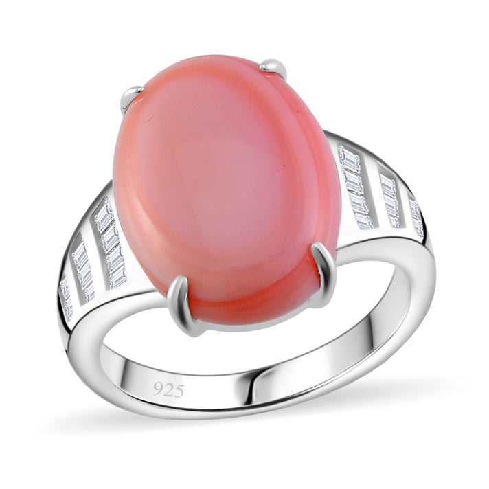 Pink Conch Shell, White Zircon Ring in Rhodium Overlay Sterling Silver, Silver Wt. 5.5 Gms 10.270 Ct. 7804055 1