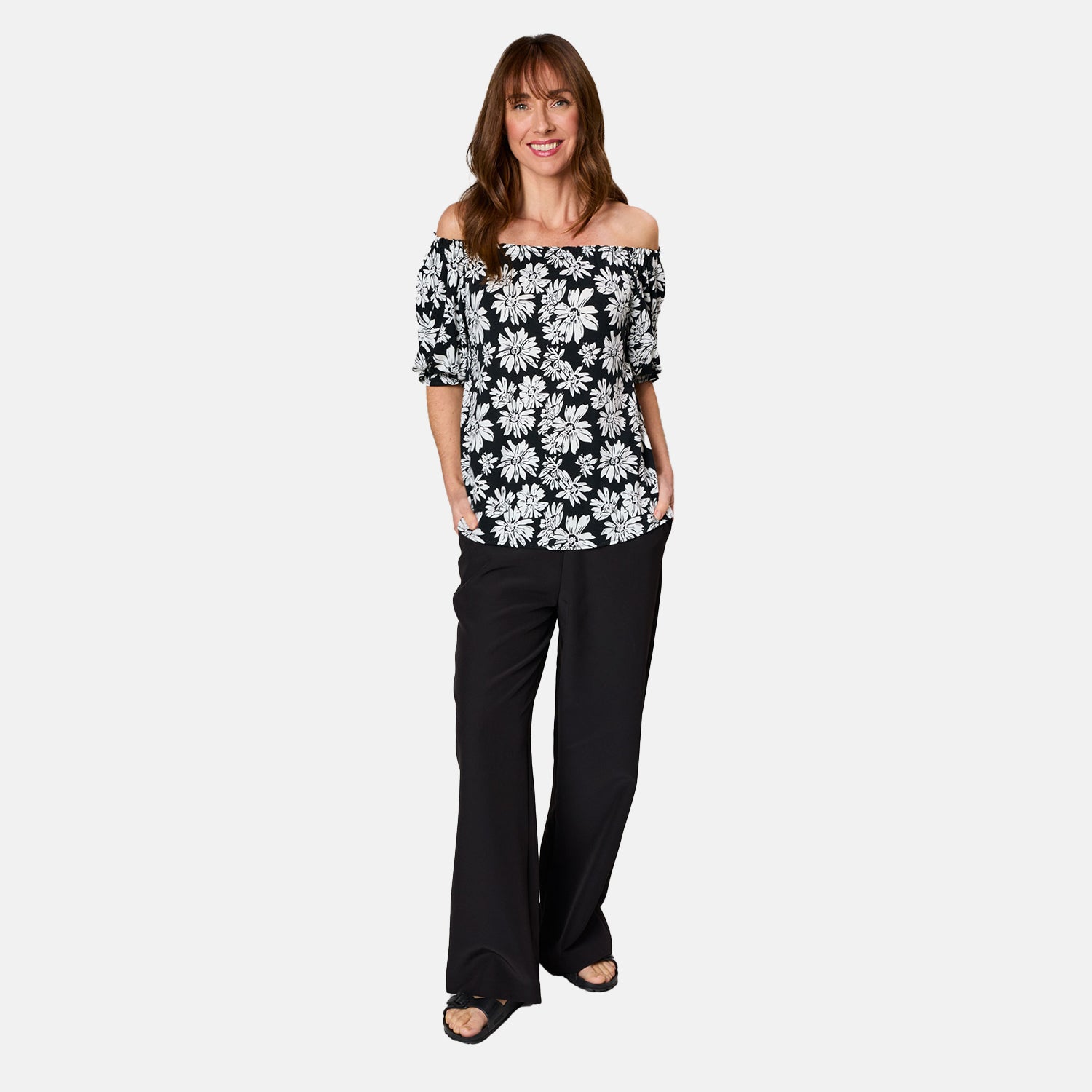 Emreco 100% Viscose Frill Sleeve Floral Top (Size 14) - Black 7805022 2