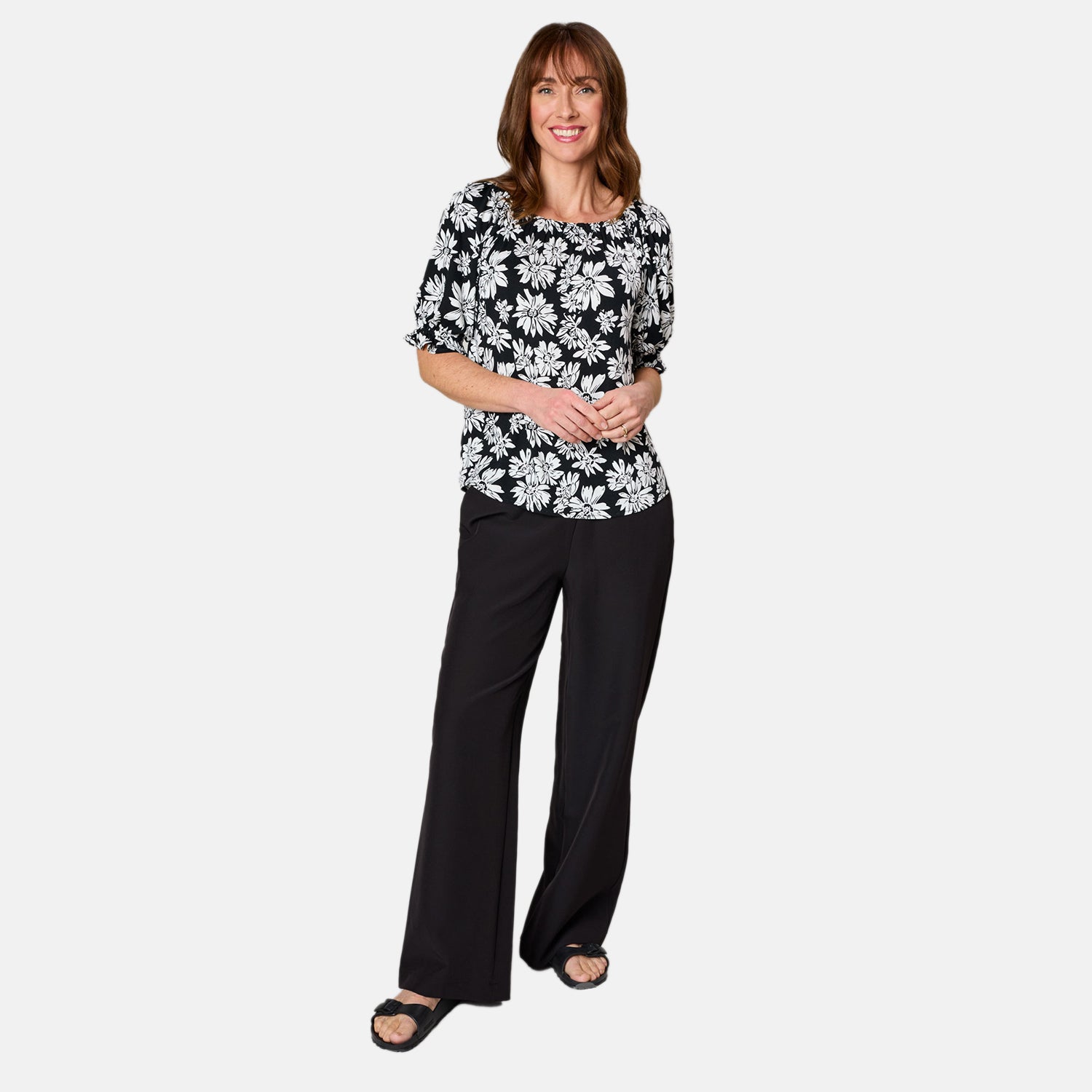 Emreco 100% Viscose Frill Sleeve Floral Top (Size 14) - Black 7805022 4