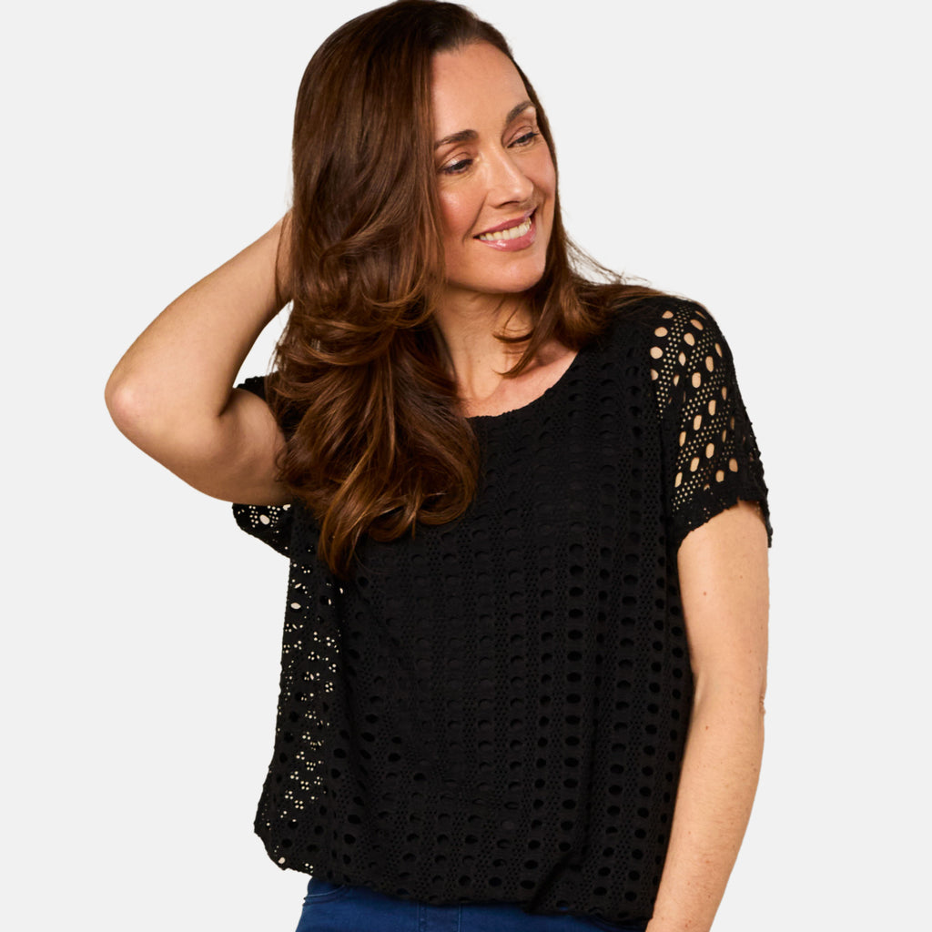 Emreco Lace Jersey Knit Elastic Hem Top (Size 12) - Black_7805731_1