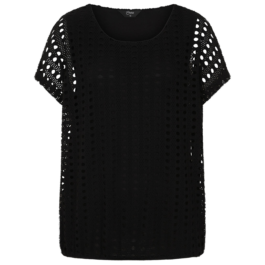 Emreco Lace Jersey Knit Elastic Hem Top (Size 12) - Black_7805731_2