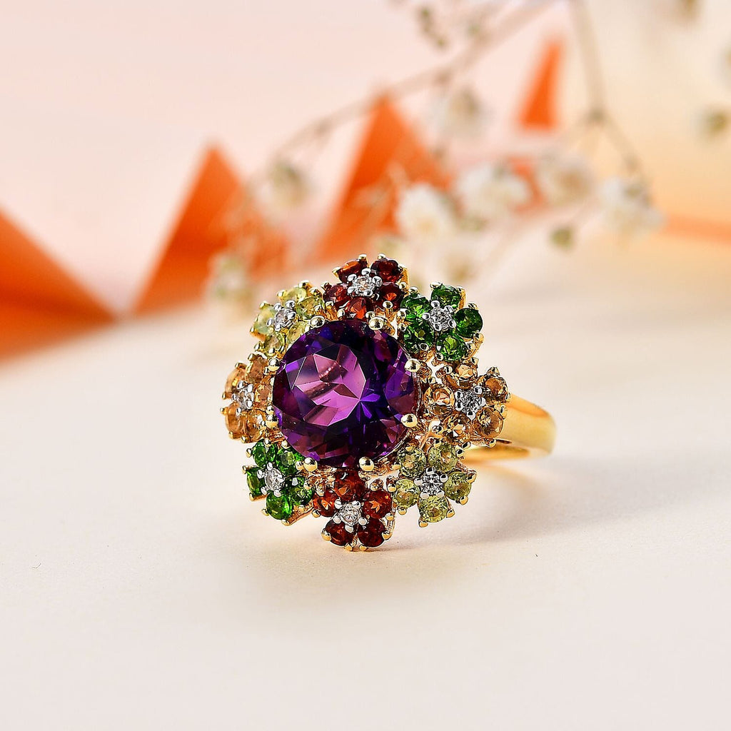 Moroccan Amethyst & Multi Gemstone Flower Ring in 18K Gold Vermeil Sterling Silver 5.66 Ct._7806338_1