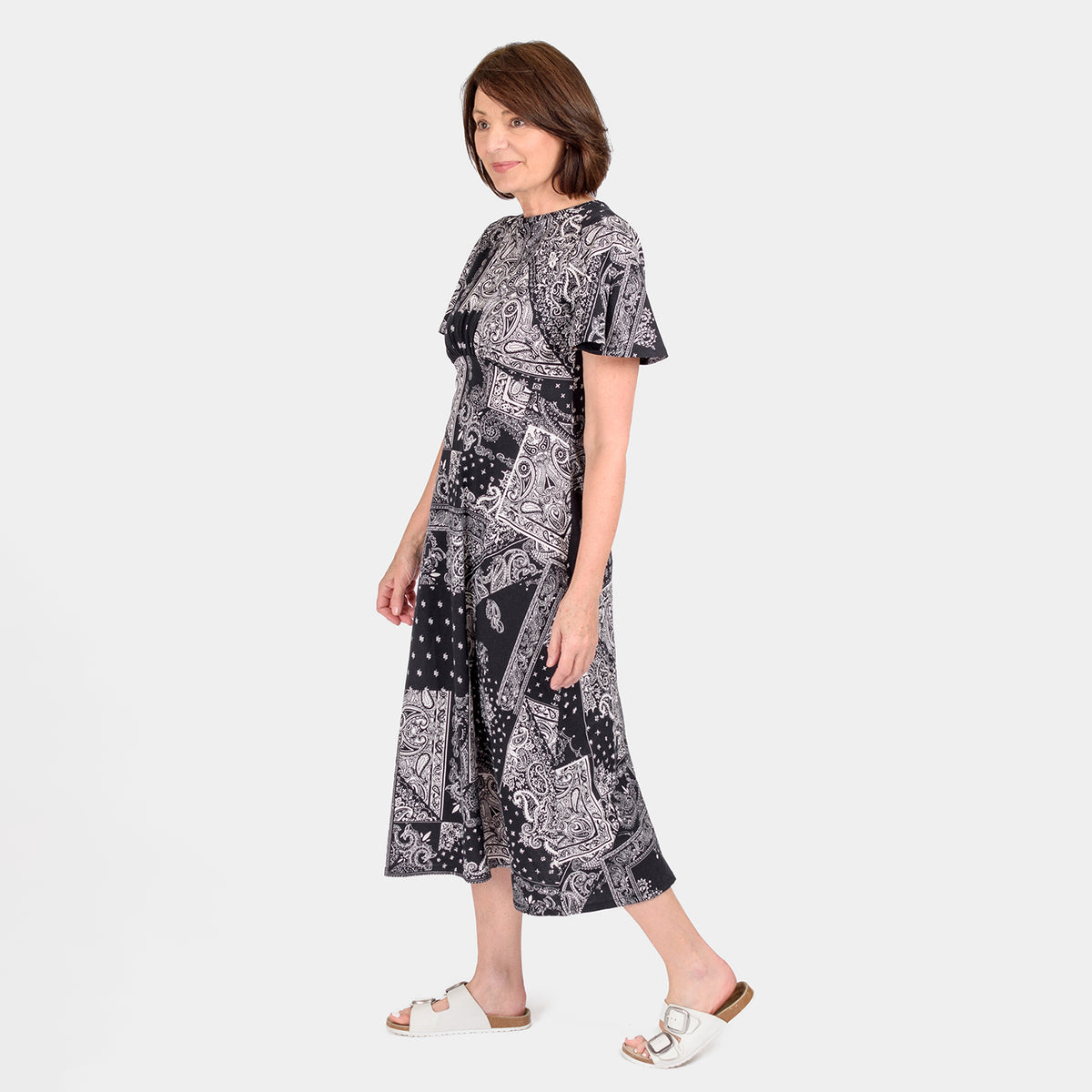 100% Cotton Printed Pattern Maxi Dress with Flutter Sleeves (Size 10) - Black &amp; White V32531066 1