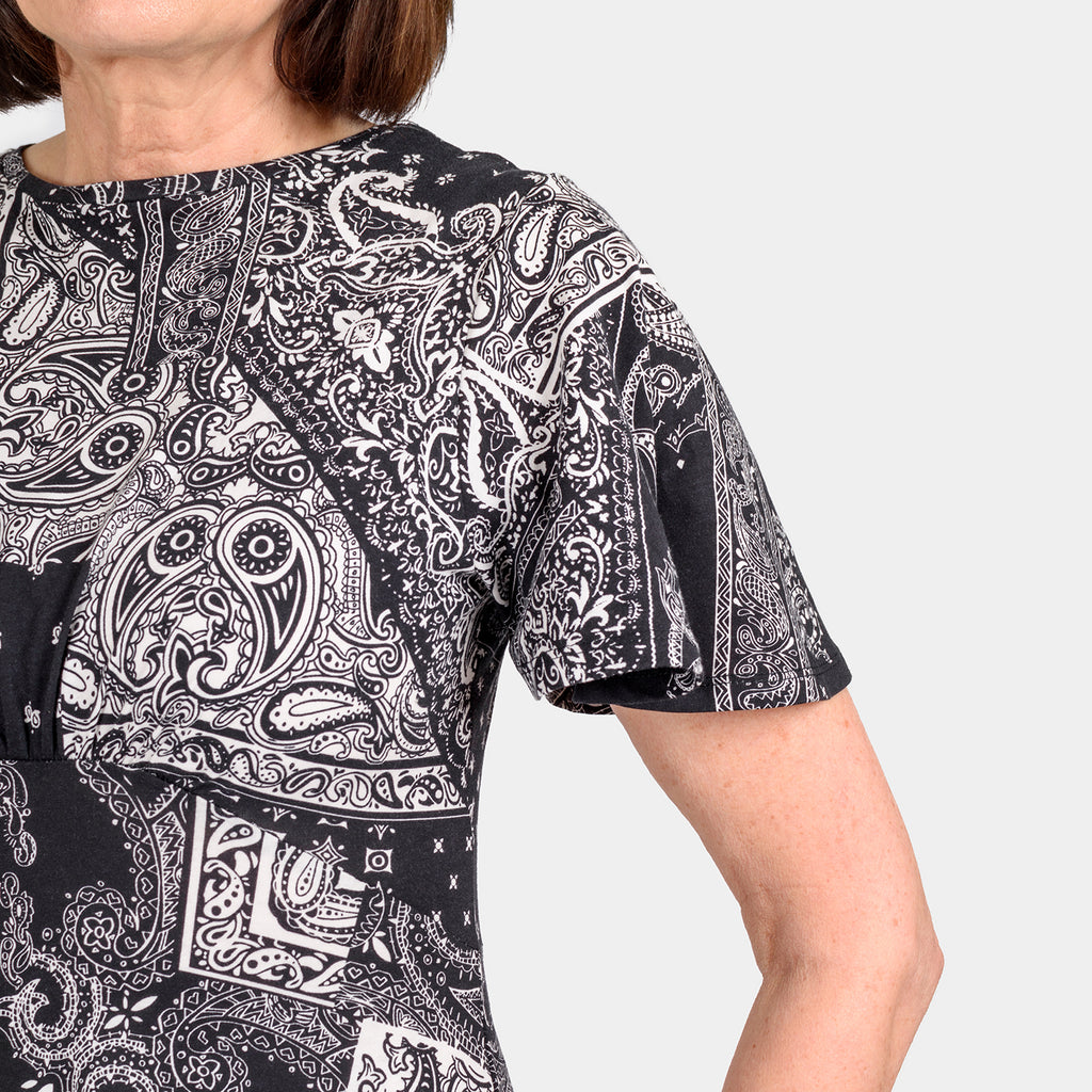 100% Cotton Printed Pattern Maxi Dress with Flutter Sleeves (Size 10) - Black & White_7806563_3
