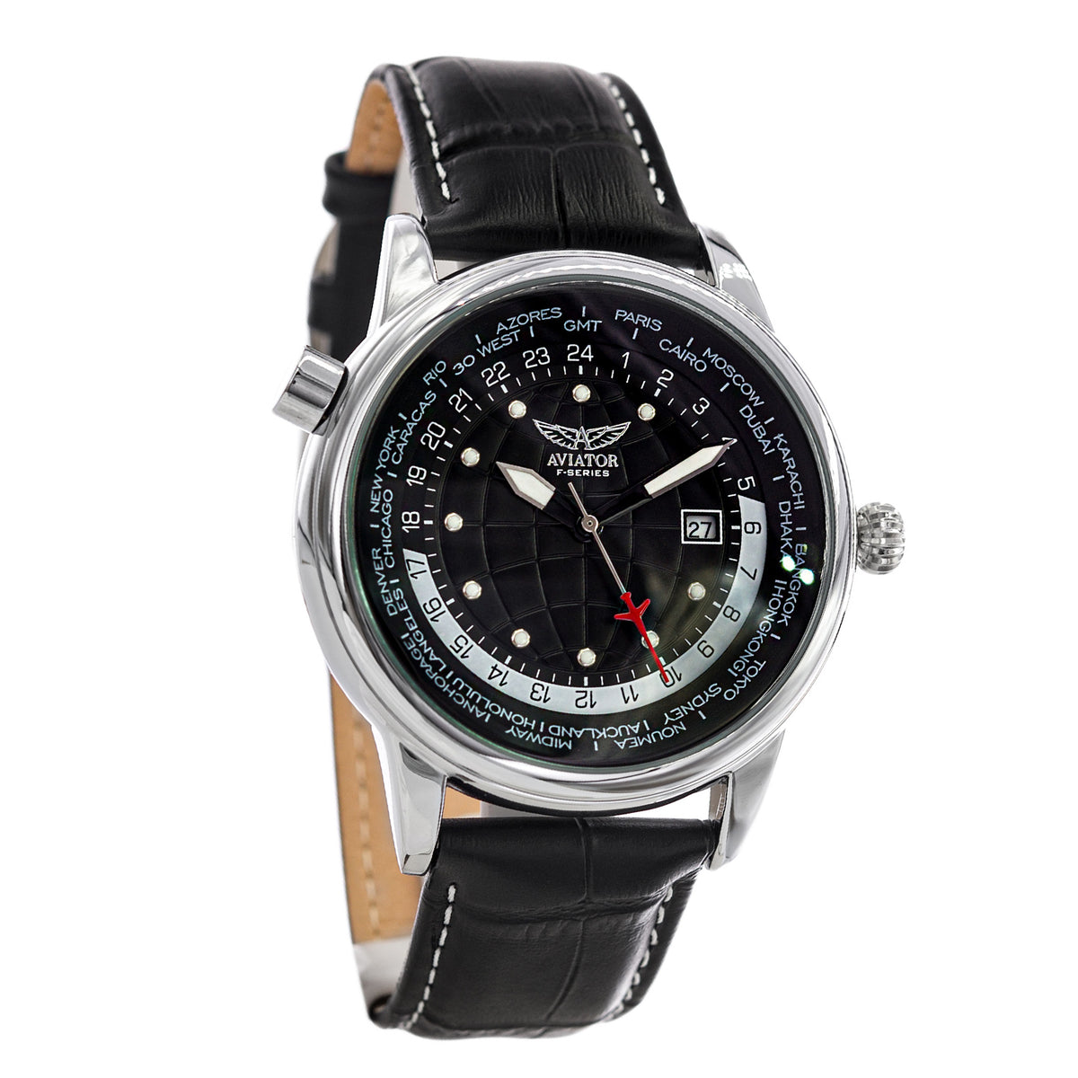 Aviator Analogue Quartz Movt. F Series World Cities Mens Luxury Watch with Date and world timer  in Genuine Leather Strap, 10ATM (100 metres) - Black 7807093 1