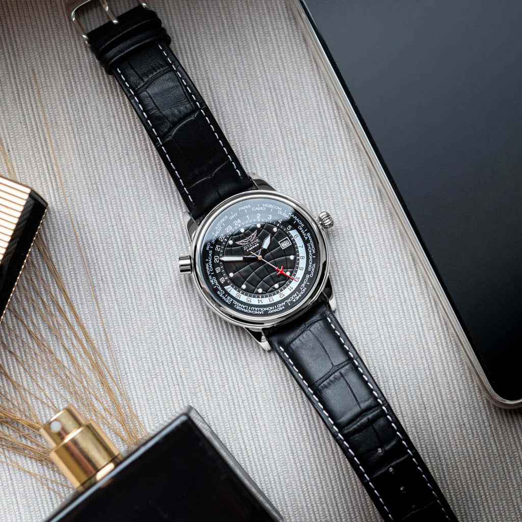 Aviator Analogue Quartz Movt. F Series World Cities Mens Luxury Watch with Date and world timer  in Genuine Leather Strap, 10ATM (100 metres) - Black_7807093_2
