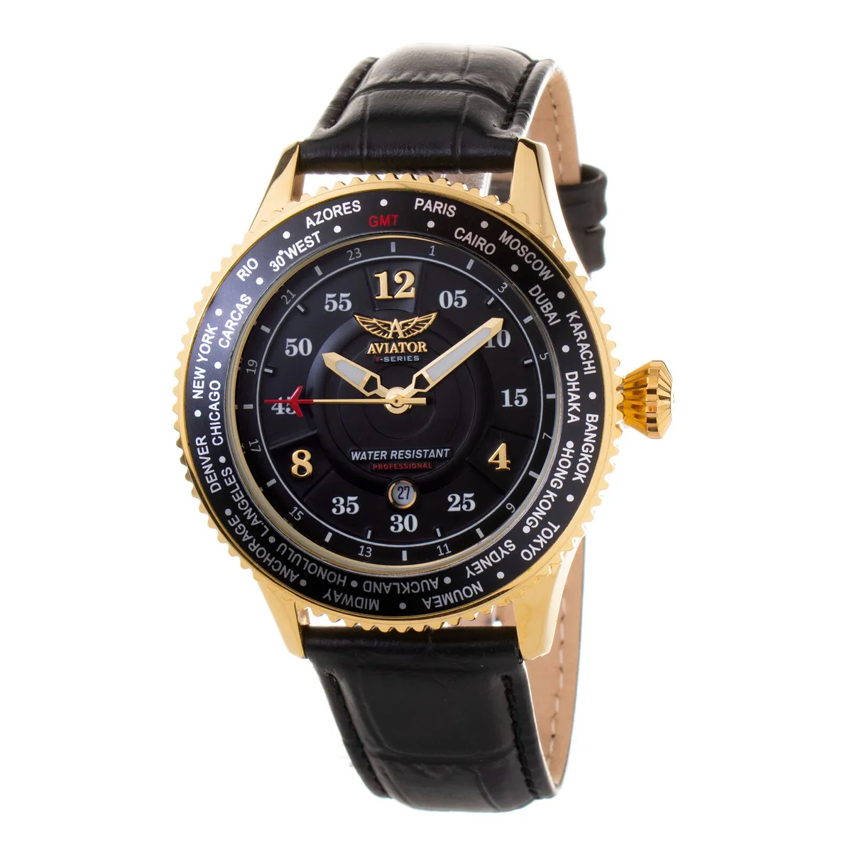 Aviator Analogue Quartz Movt. F Series World Cities Mens Luxury Watch with Date and world timer  in Genuine Leather Strap, 10ATM (100 metres) - Black 7807093 0