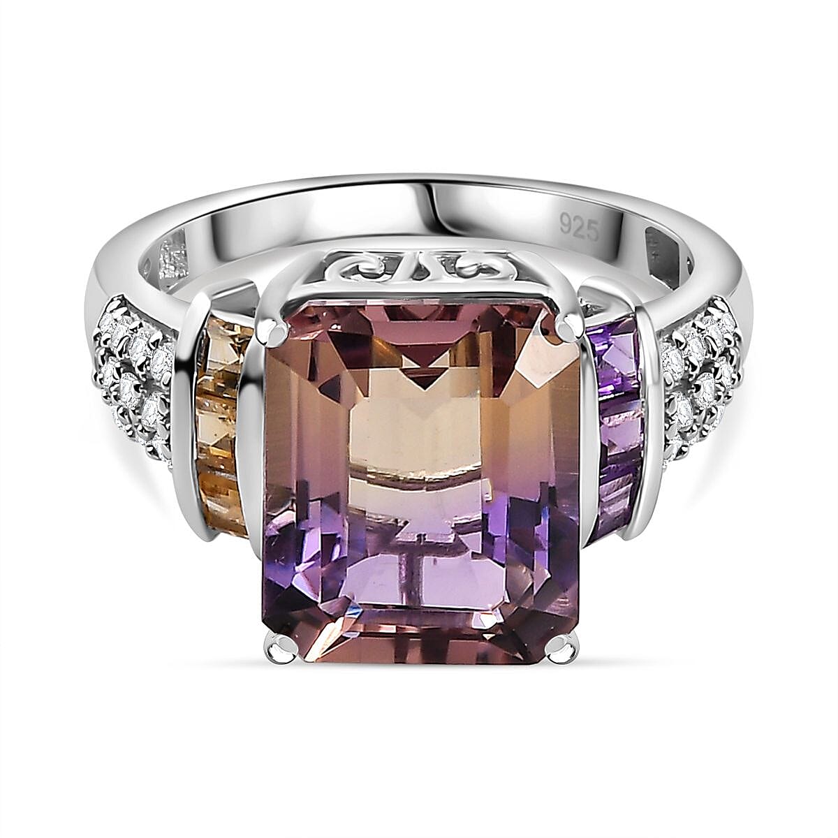 Premium Ametrine, Citrine, White Zircon, African Amethyst Ring in Rhodium Plated Sterling Silver,  6.723  Ct. V32522418 0