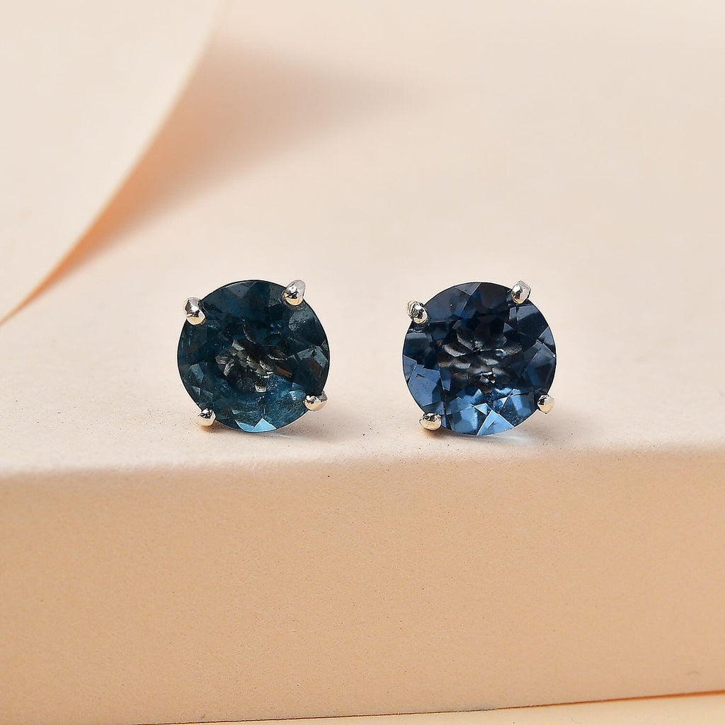 Belgian Teal Fluorite  Solitaire Stud Push Post Earring in Rhodium Overlay Sterling Silver 5.07 Ct.