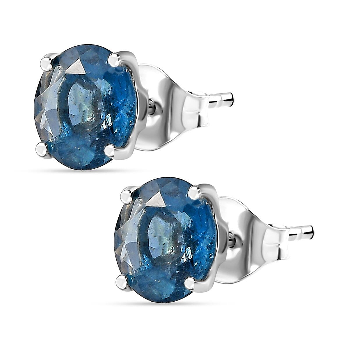 Belgian Teal Fluorite  Solitaire Stud Push Post Earrings in Rhodium Overlay Sterling Silver 5.072 Ct. V32638187 4
