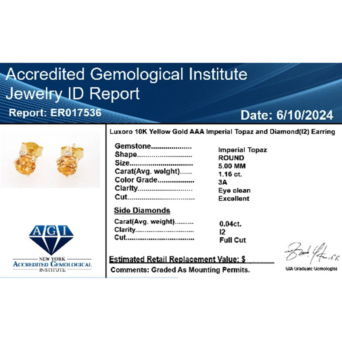 Certified and Appraised LUXORO AAA Imperial Topaz, Diamond Stud Earrings in 10K Yellow Gold 1.20 Ct. 7810272 5