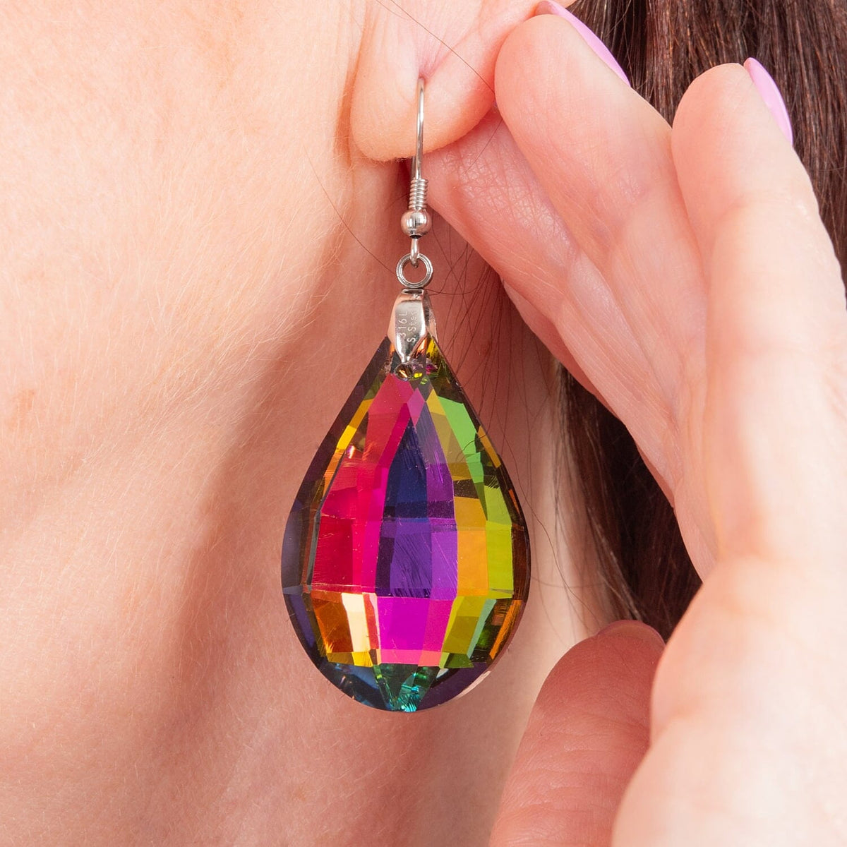 White Magic Colour Crystal Tear-Drop Earrings in Pure White Stainless Steel V32639470 2