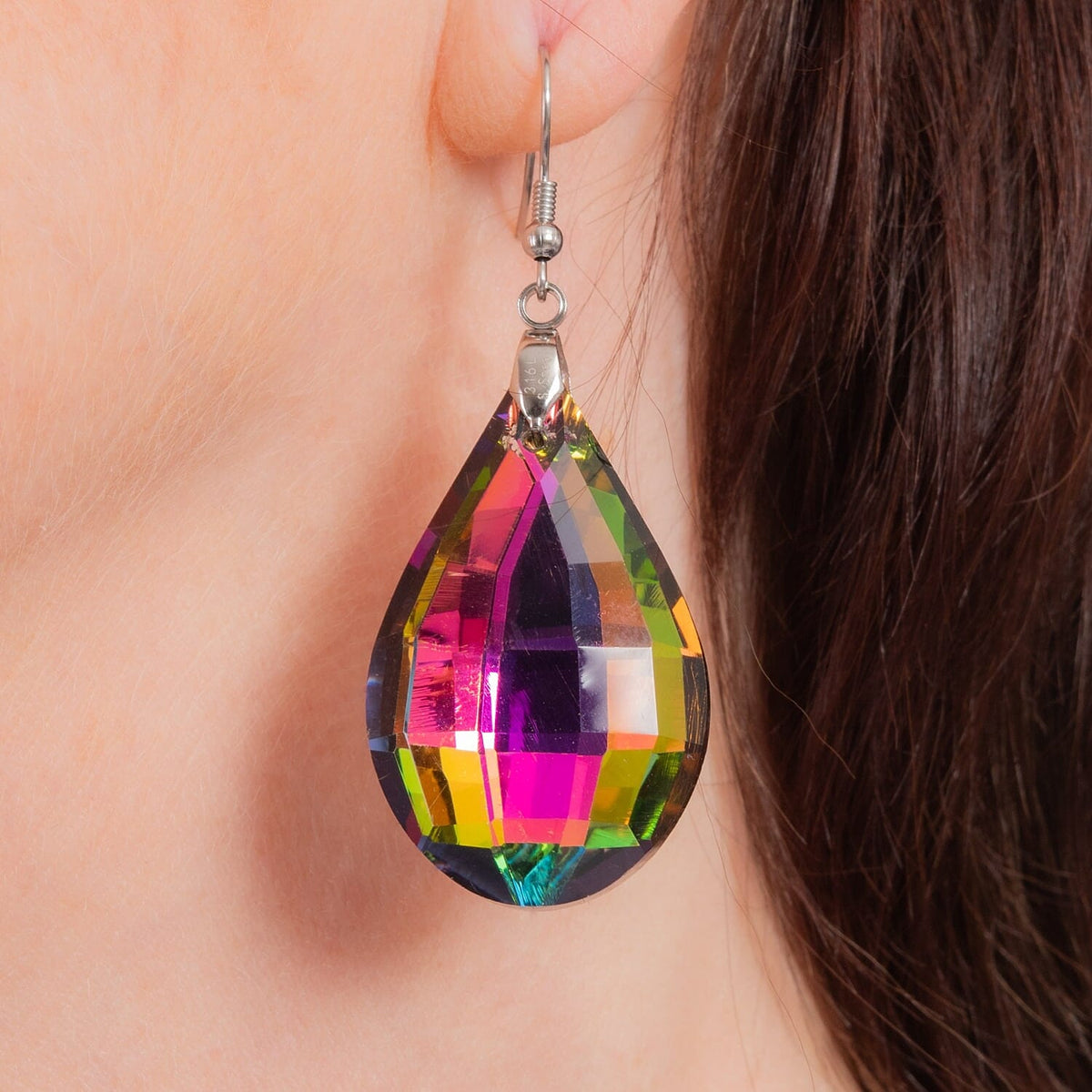White Magic Colour Crystal Tear-Drop Earrings in Pure White Stainless Steel V32639470 3