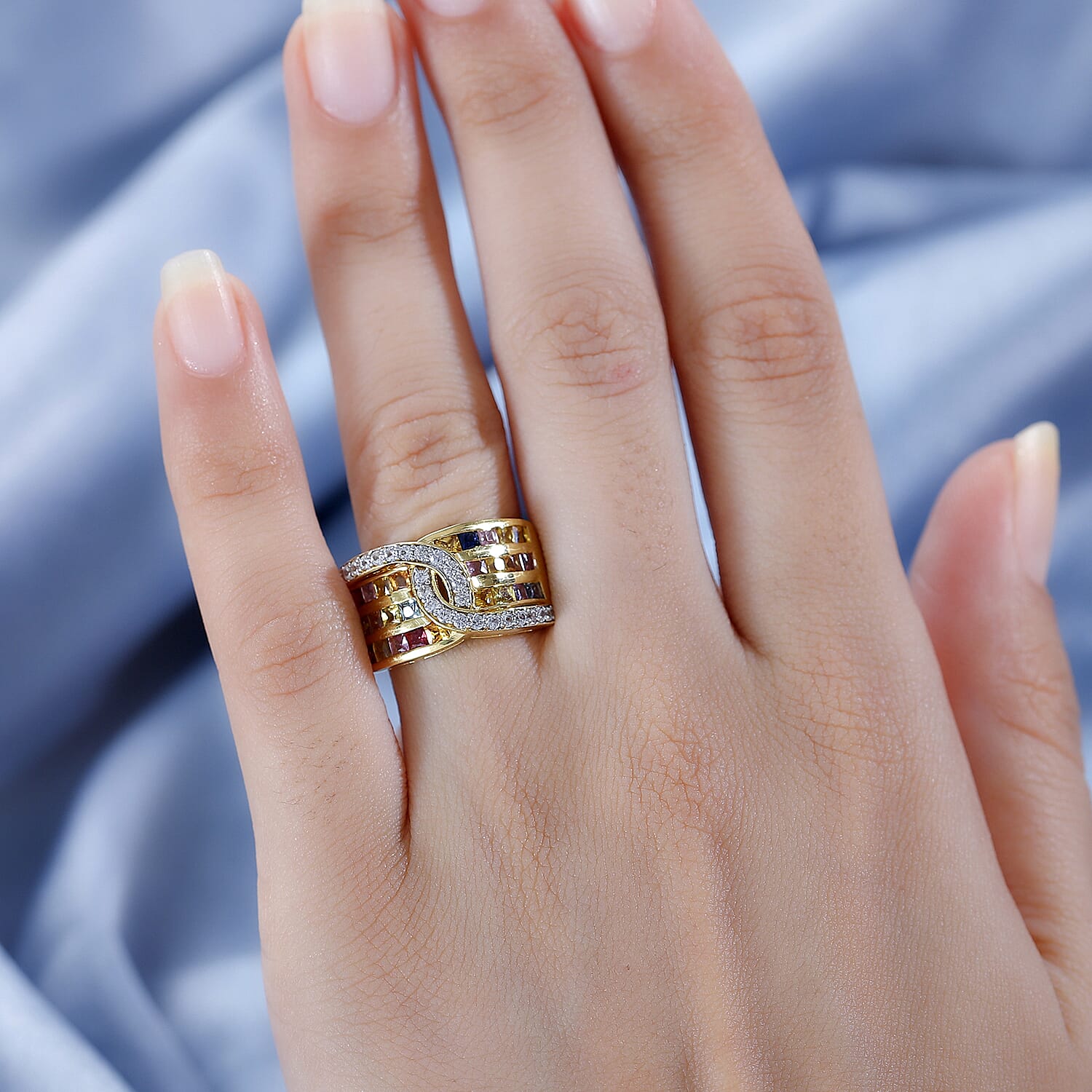 Rainbow Sapphire and Natural Zircon Ring in 18K Yellow Gold Vermeil Plated Sterling Silver 2.60 Ct 7811732 2