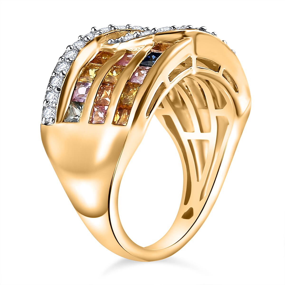 Rainbow Sapphire and Natural Zircon Ring in 18K Yellow Gold Vermeil Plated Sterling Silver 2.60 Ct 7811732 3