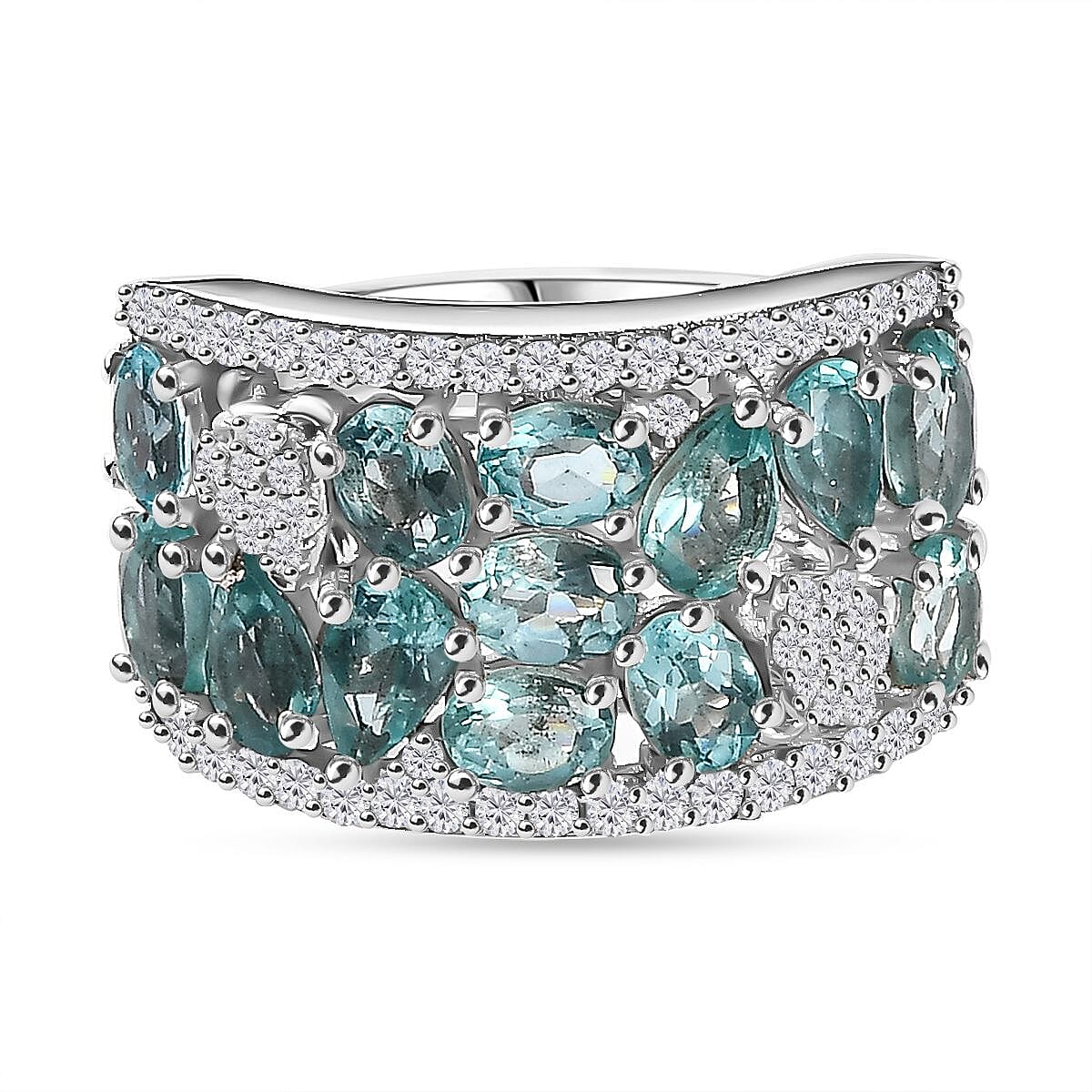 Blue Apatite, White Zircon Cluster Ring in Rhodium Overlay Sterling Silver, 3.354  Ct. 7813046 0