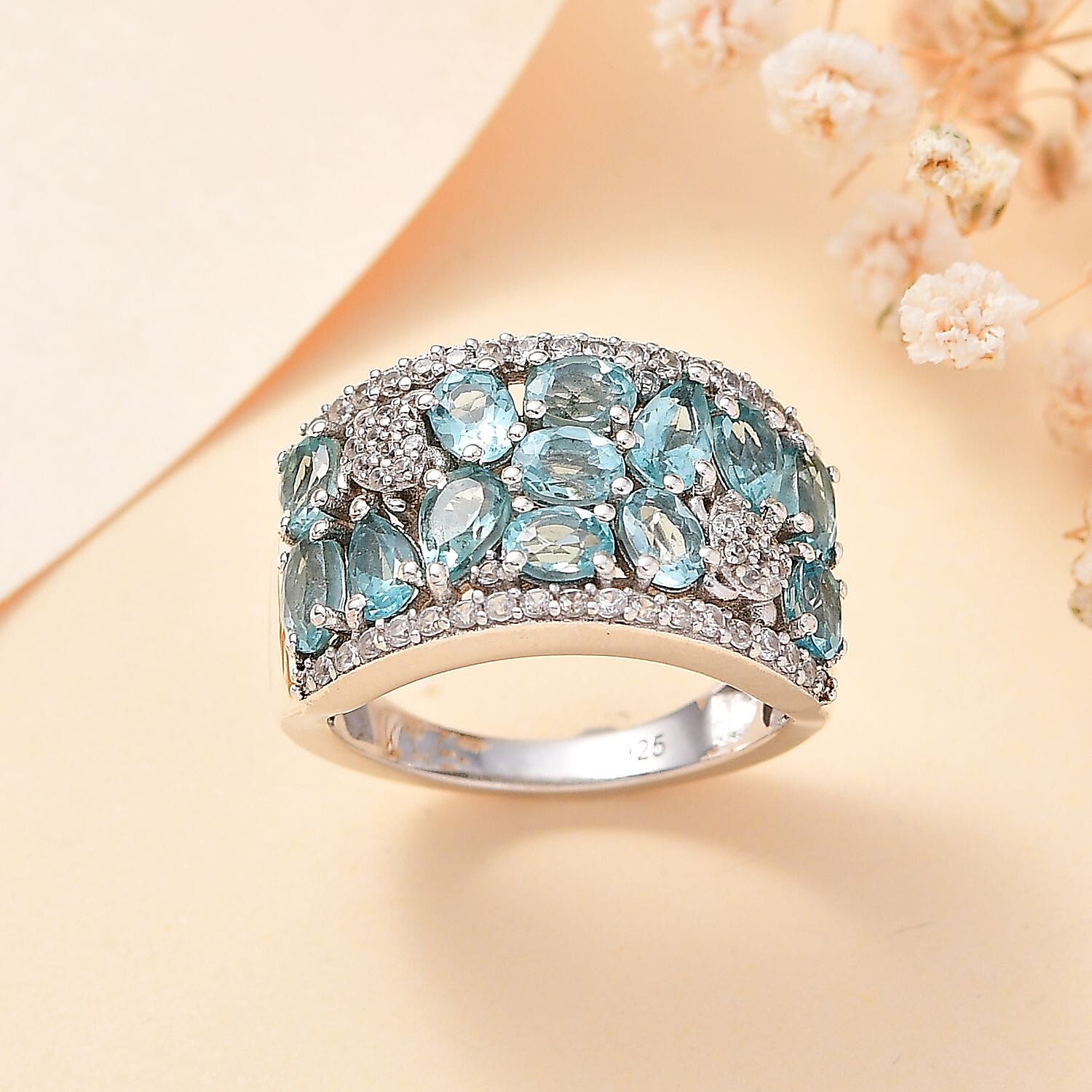 Blue Apatite, White Zircon Cluster Ring in Rhodium Overlay Sterling Silver, 3.354  Ct. 7813046 2