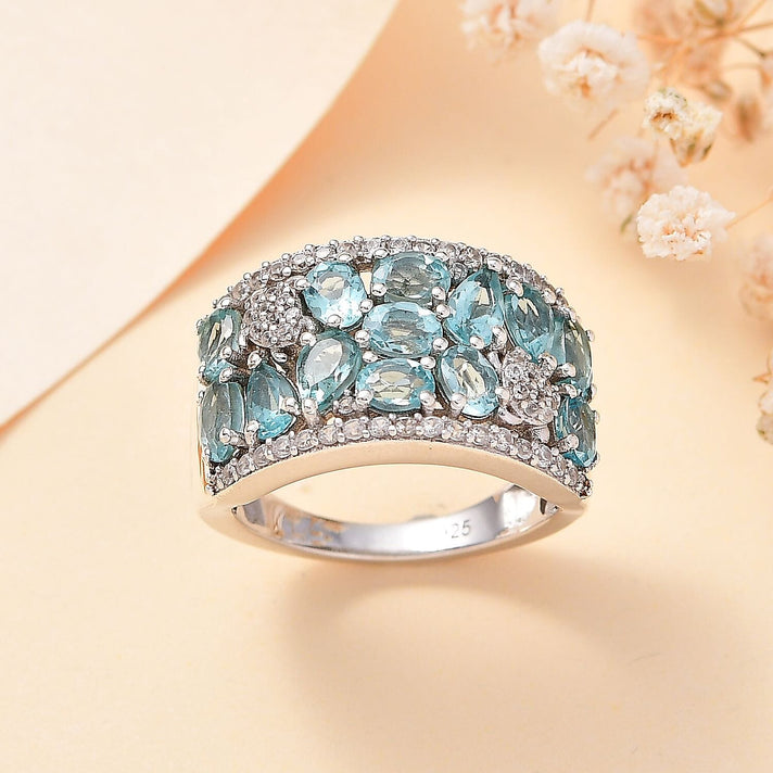 Blue Apatite, White Zircon Cluster Ring in Rhodium Overlay Sterling Silver, 3.354  Ct. 7813046 2