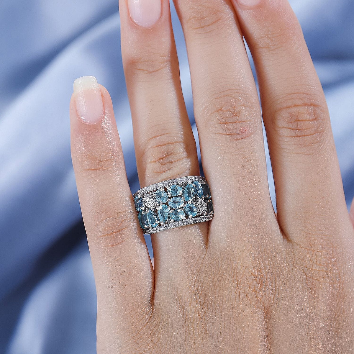 Blue Apatite, White Zircon Cluster Ring in Rhodium Overlay Sterling Silver, 3.354  Ct. 7813046 3
