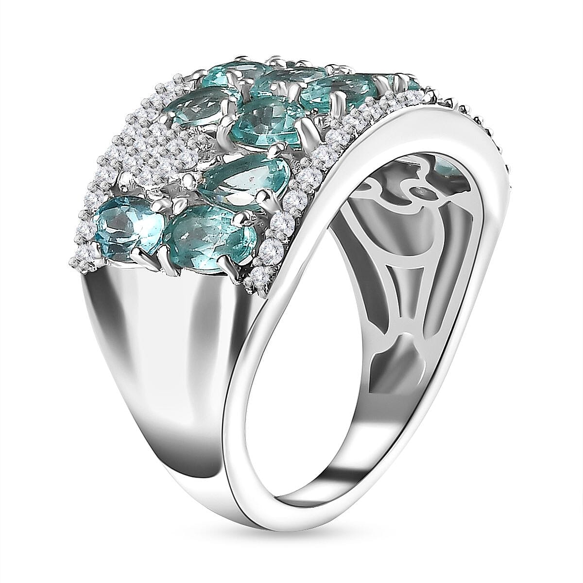 Blue Apatite, White Zircon Cluster Ring in Rhodium Overlay Sterling Silver, 3.354  Ct. 7813046 4