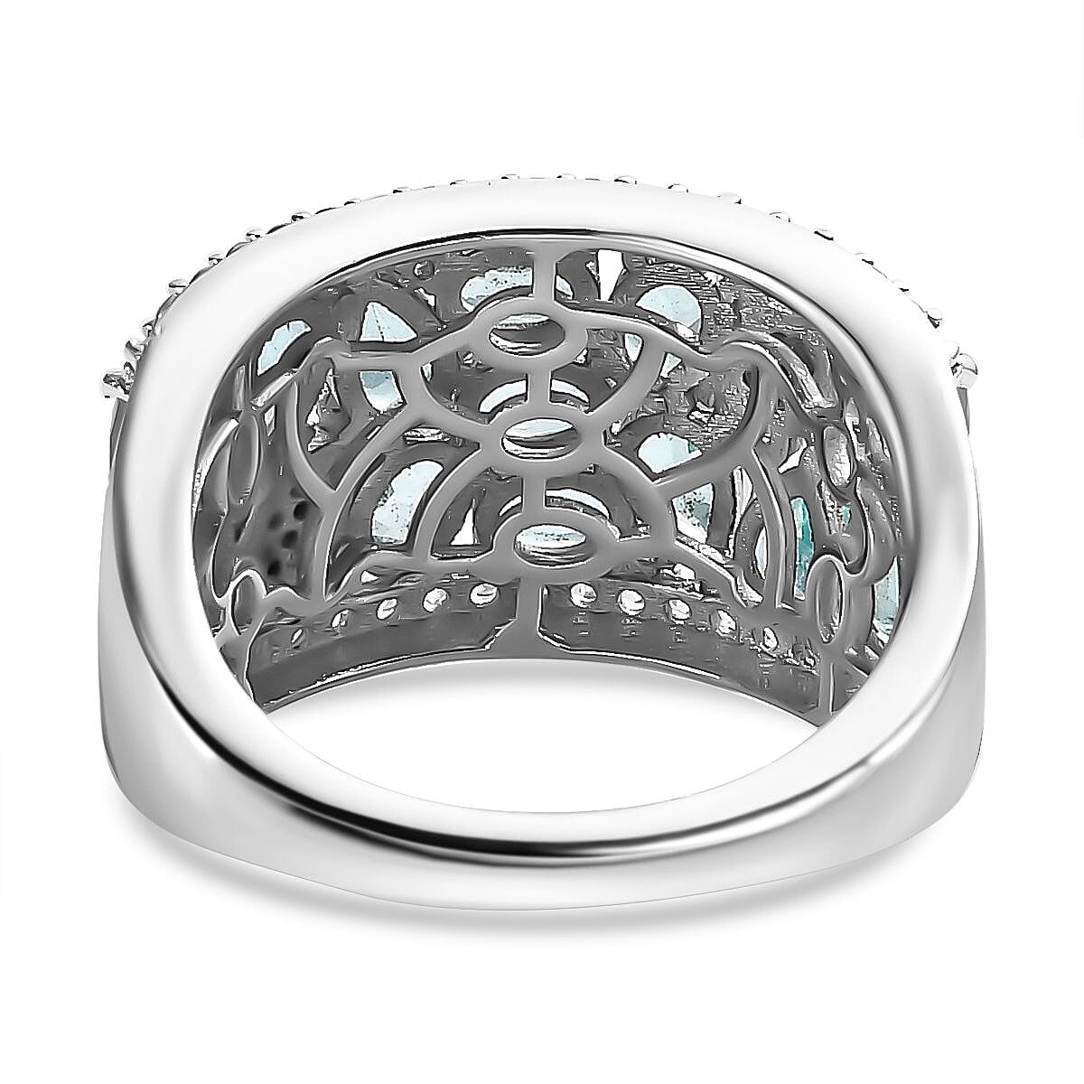 Blue Apatite, White Zircon Cluster Ring in Rhodium Overlay Sterling Silver, 3.354  Ct. 7813046 5