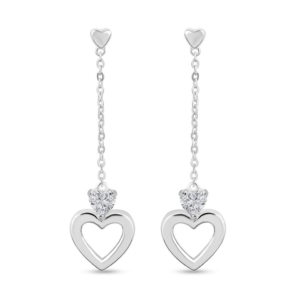 NY Close Out-  Cubic Zirconia Heart Dangle Earrings in Rhodium Overlay Sterling Silver