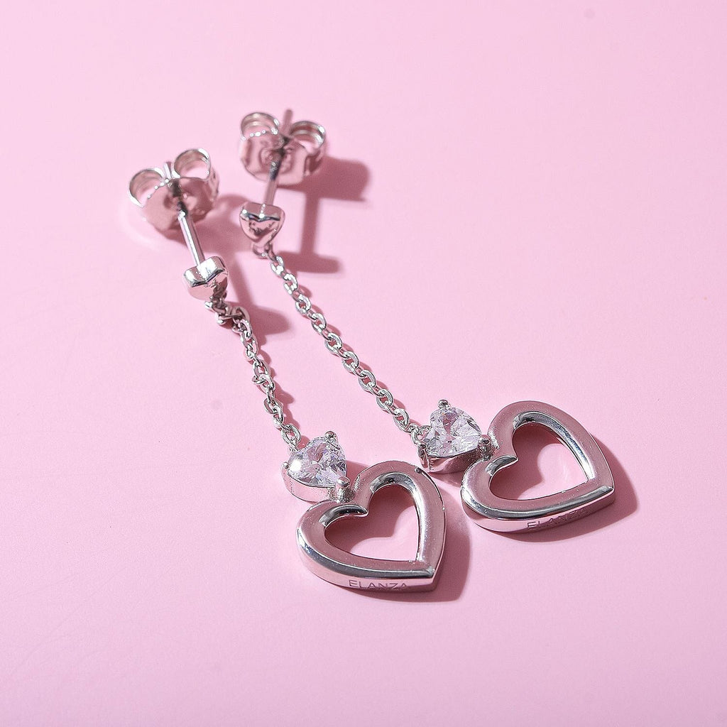 NY Close Out-  Cubic Zirconia Heart Dangle Earrings in Rhodium Overlay Sterling Silver