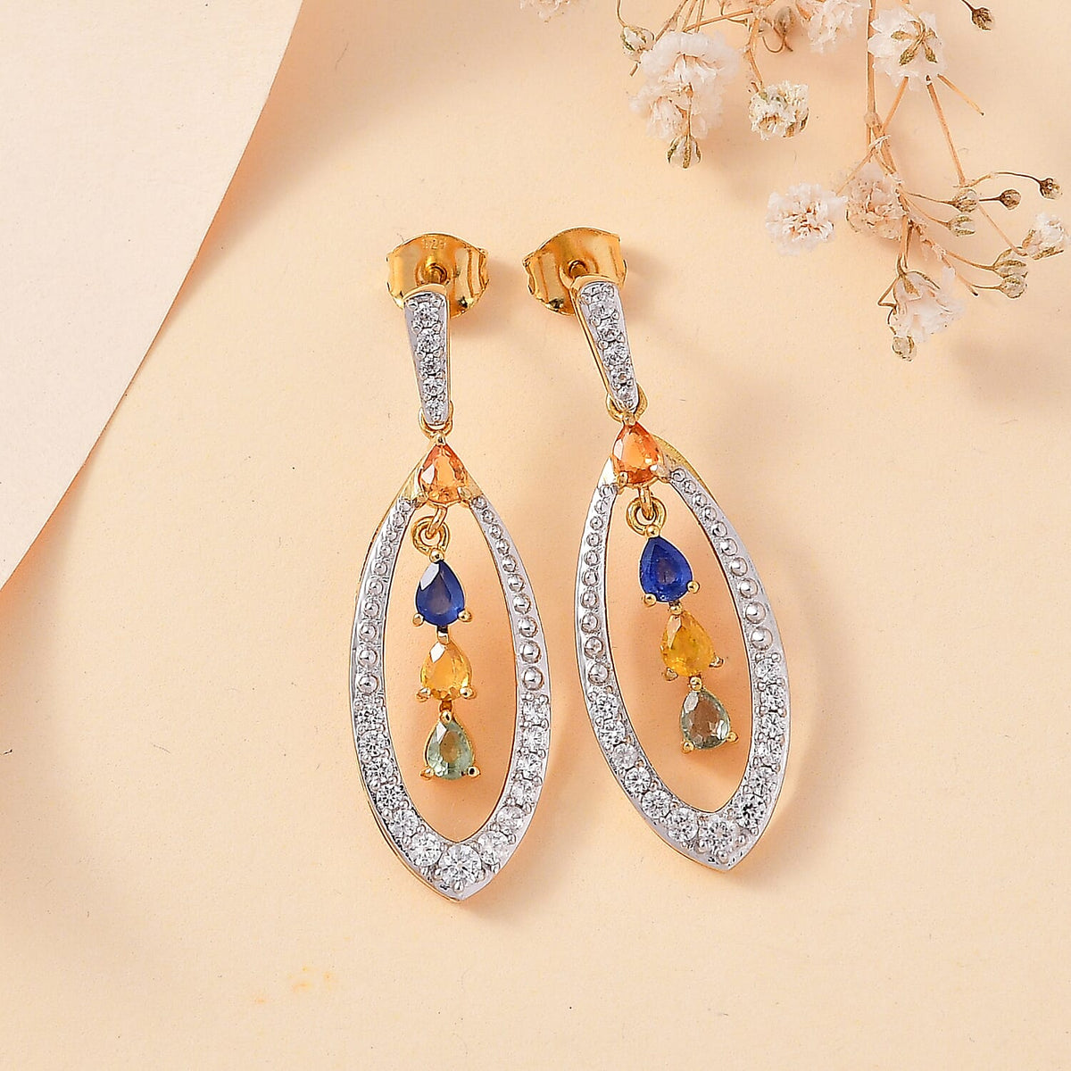 Rainbow Sapphire and Natural Zircon Dangle Earrings in 18K Yellow Gold Vermeil Plated Sterling Silver 2.68 Ct 7814877 2