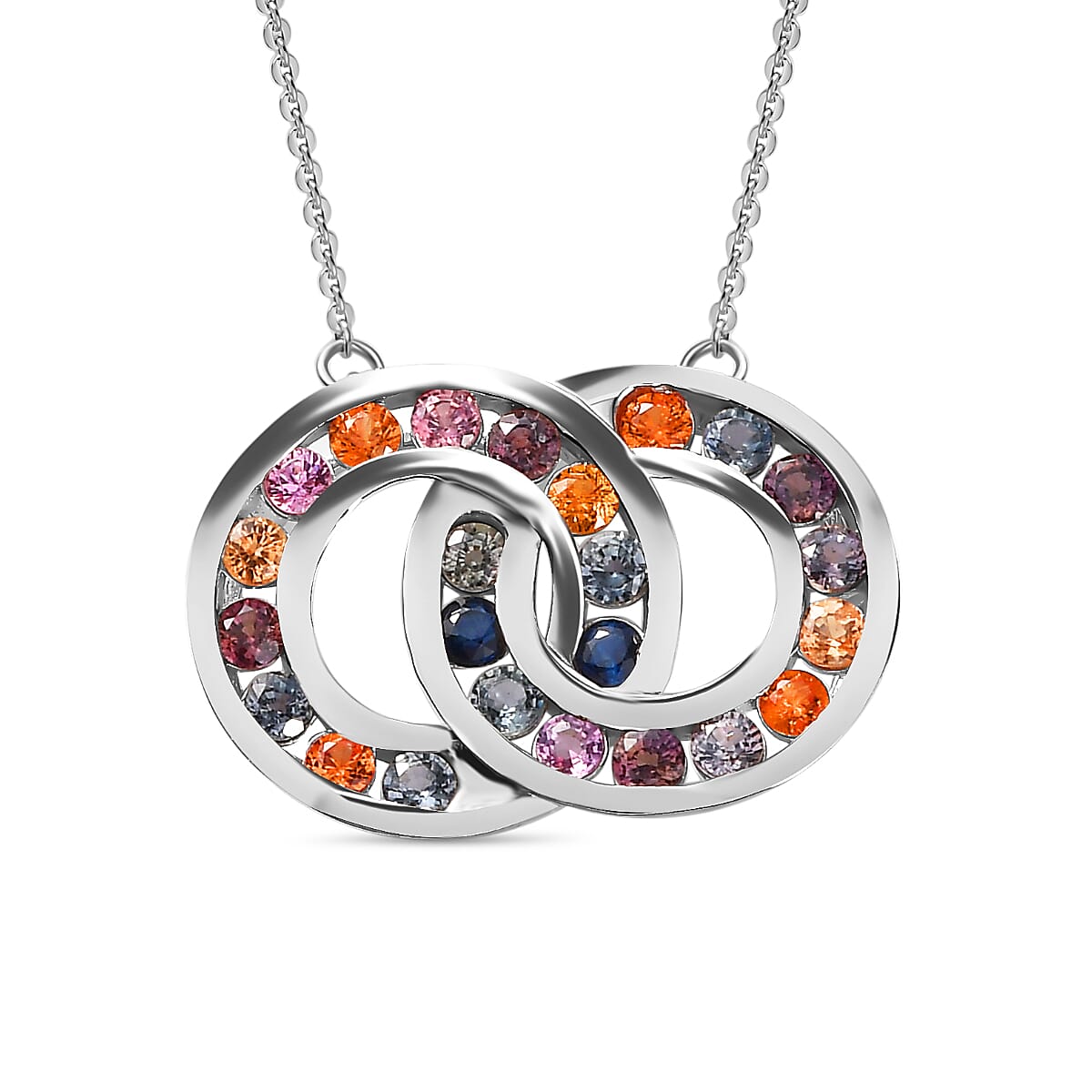 Rainbow Sapphire Circular Necklace (Size - 20) in Rhodium Overlay Sterling Silver 7814894 0
