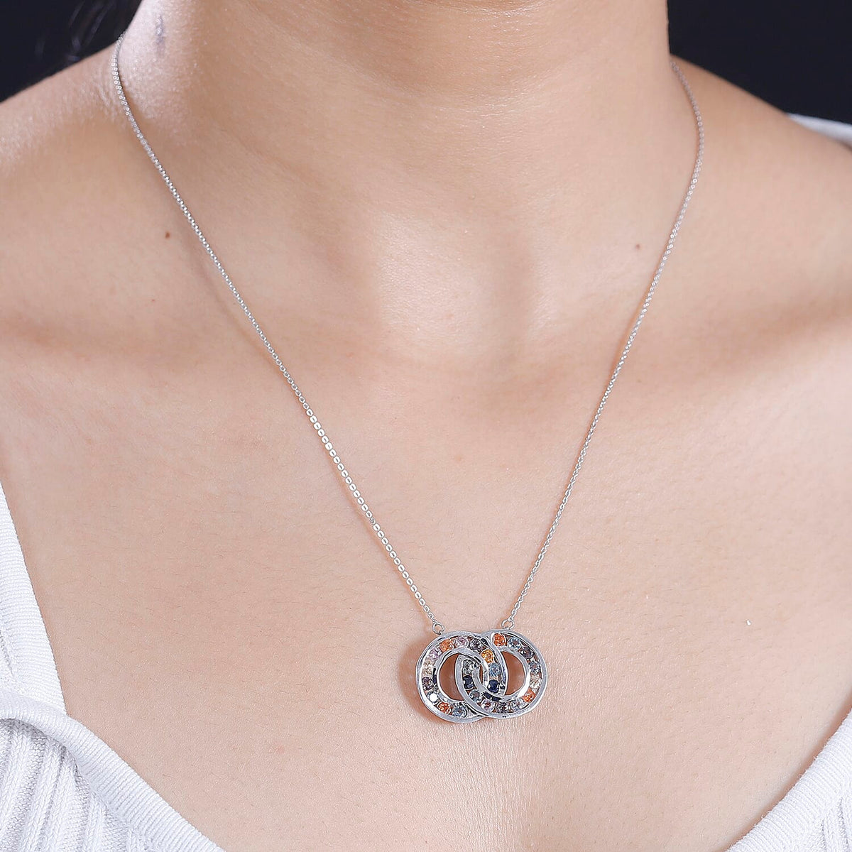 Rainbow Sapphire Circular Necklace (Size - 20) in Rhodium Overlay Sterling Silver 7814894 2