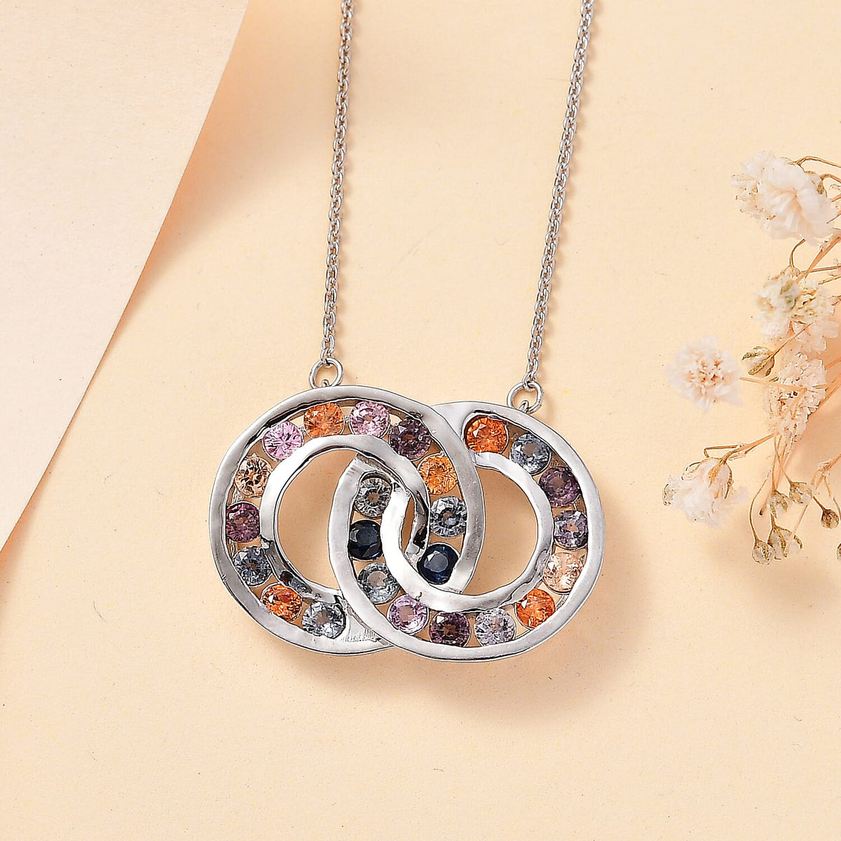 Rainbow Sapphire Circular Necklace (Size - 20) in Rhodium Overlay Sterling Silver 7814894 3