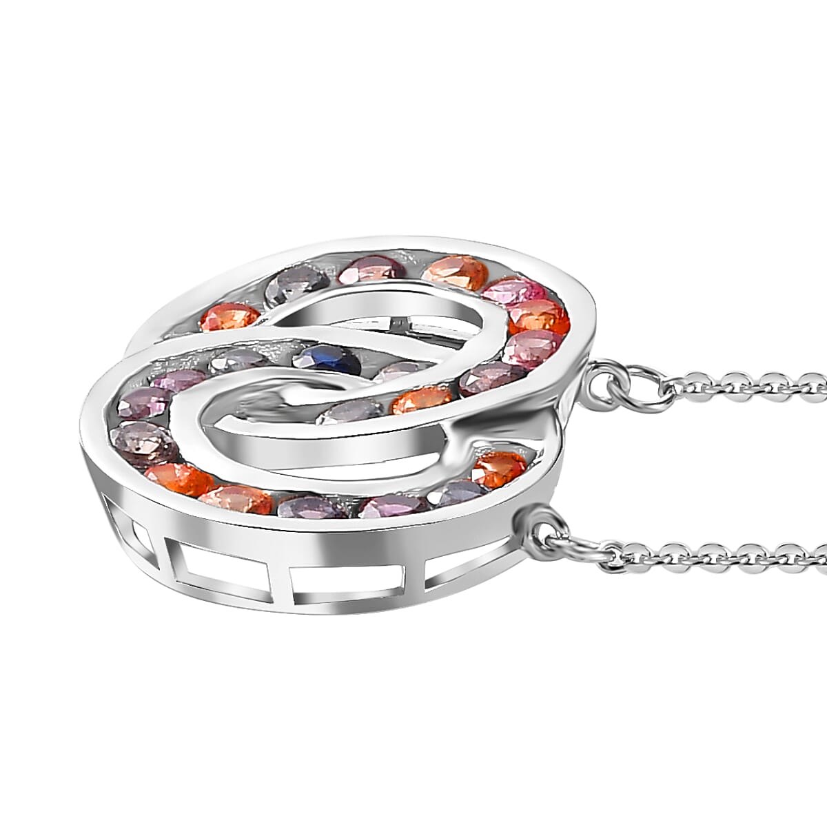 Rainbow Sapphire Circular Necklace (Size - 20) in Rhodium Overlay Sterling Silver 7814894 4