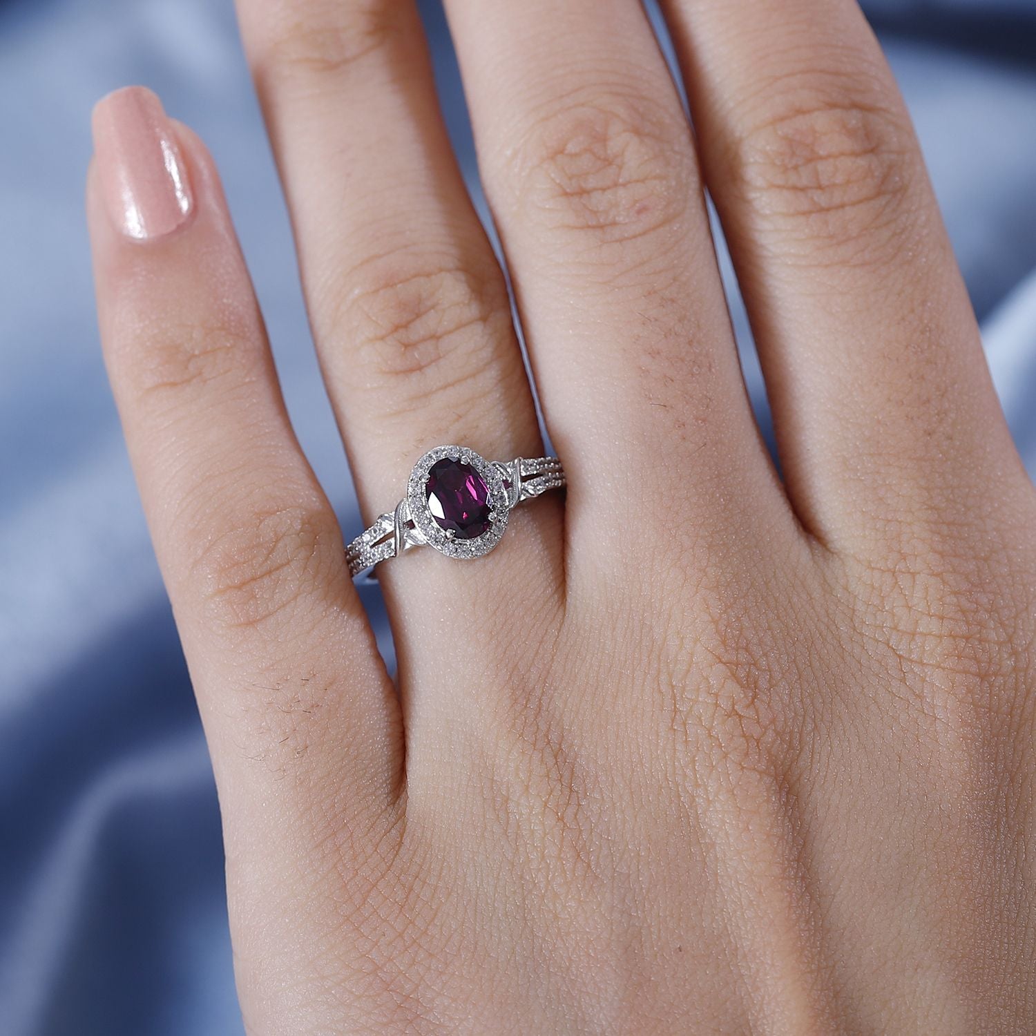 Natural Ember Garnet, Natural White Zircon Halo Ring in Rhodium Overlay Sterling Silver V32540368 2