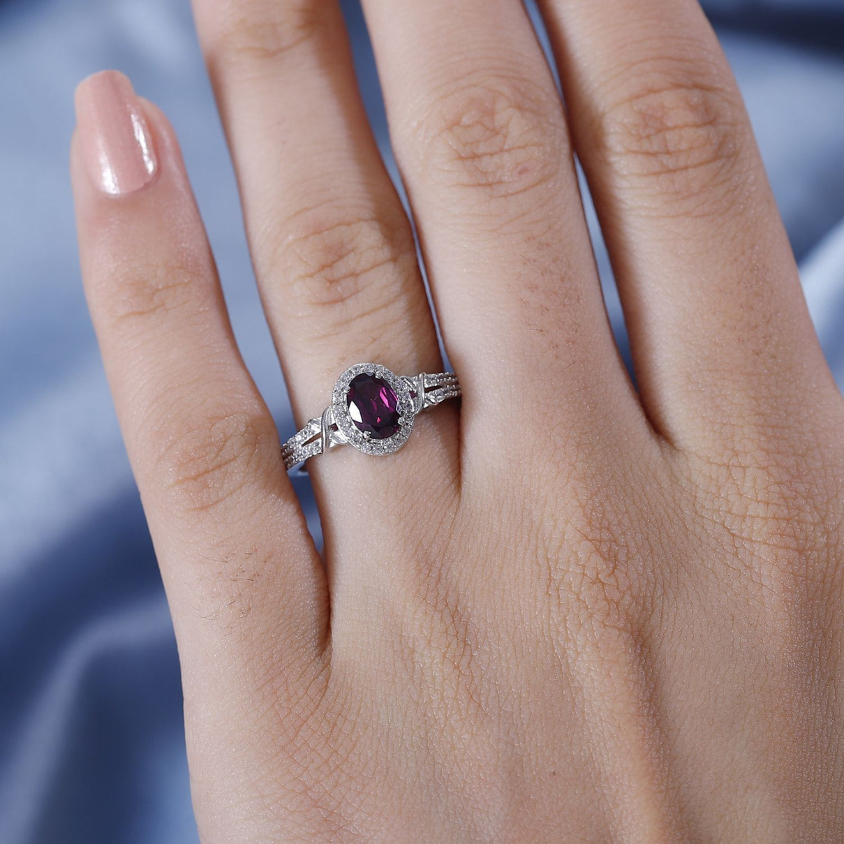 Natural Ember Garnet, Natural White Zircon Halo Ring in Rhodium Overlay Sterling Silver V32521751 2