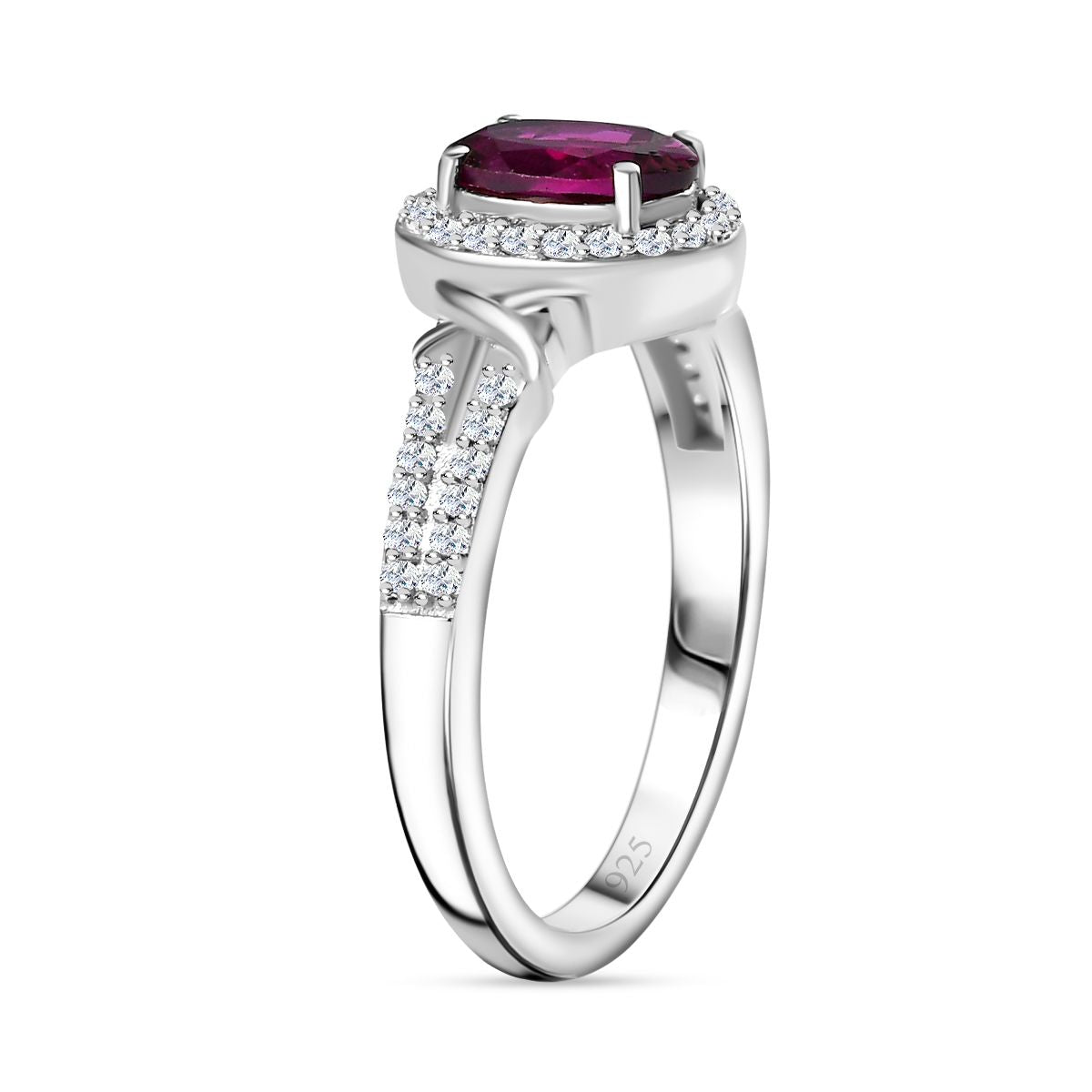 Natural Ember Garnet, Natural White Zircon Halo Ring in Rhodium Overlay Sterling Silver V32521751 3