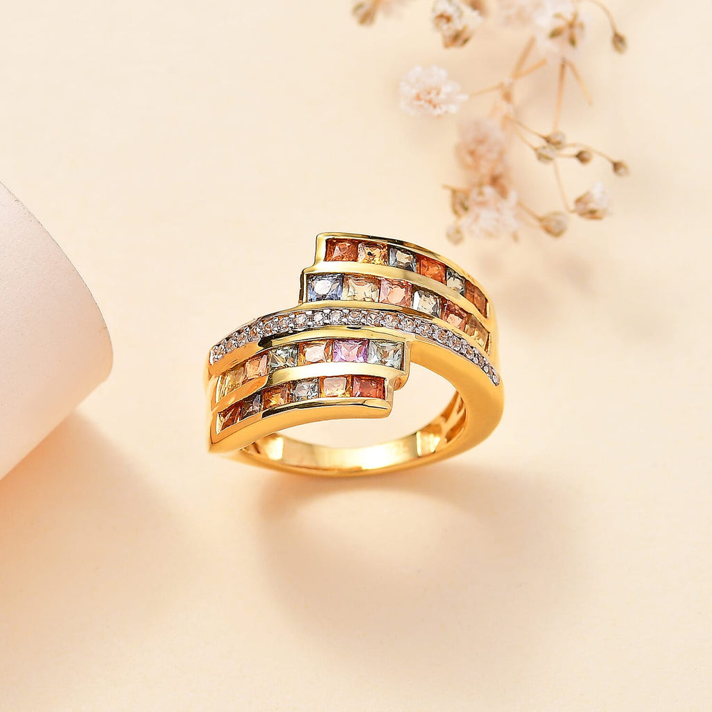 Rainbow Sapphire & Natural Zircon Bypass Ring in 18K Vermeil Yellow Gold Plated Sterling Silver 2.75 Ct_7817788_1