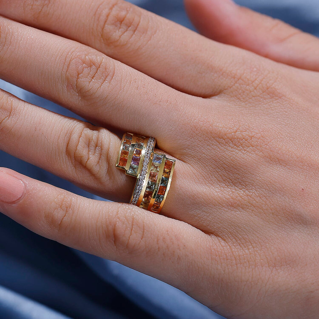 Rainbow Sapphire & Natural Zircon Bypass Ring in 18K Vermeil Yellow Gold Plated Sterling Silver 2.75 Ct_7817788_2