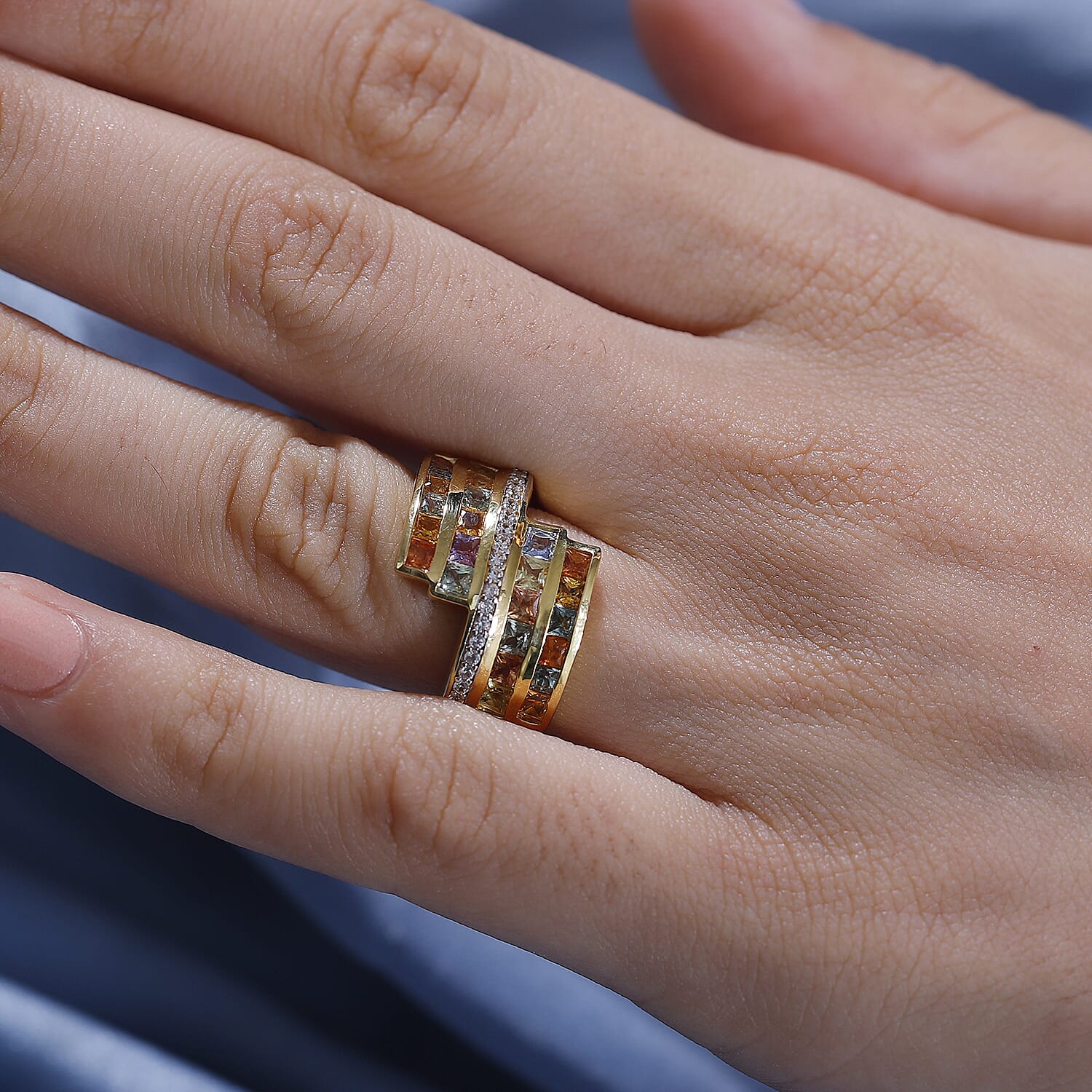 Rainbow Sapphire and Natural Zircon Bypass Ring in 18K Yellow Gold Vermeil Plated Sterling Silver 2.78 Ct V32535764 2