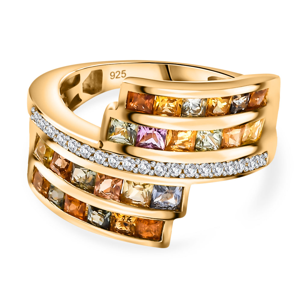 Rainbow Sapphire & Natural Zircon Bypass Ring in 18K Vermeil Yellow Gold Plated Sterling Silver 2.75 Ct_7817789
