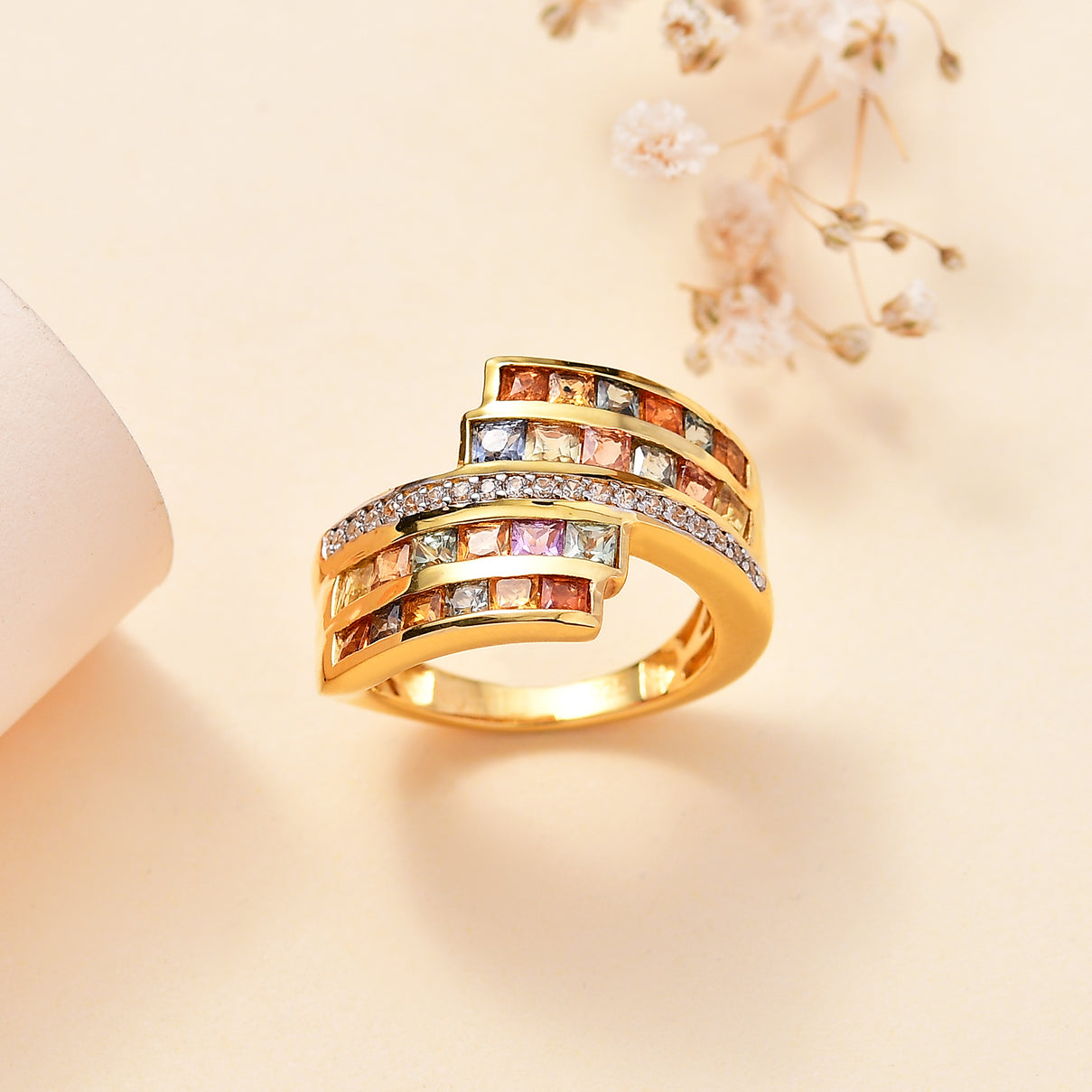 Rainbow Sapphire and Natural Zircon Bypass Ring in 18K Yellow Gold Vermeil Plated Sterling Silver 2.78 Ct 7817789 2