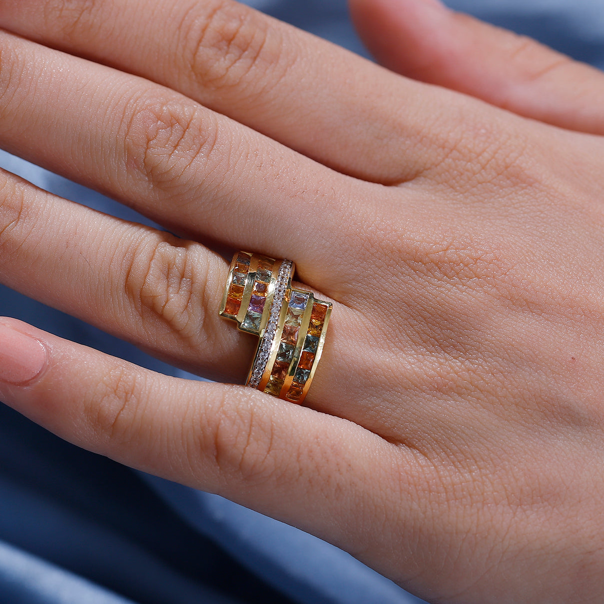 Rainbow Sapphire and Natural Zircon Bypass Ring in 18K Yellow Gold Vermeil Plated Sterling Silver 2.78 Ct 7817789 3