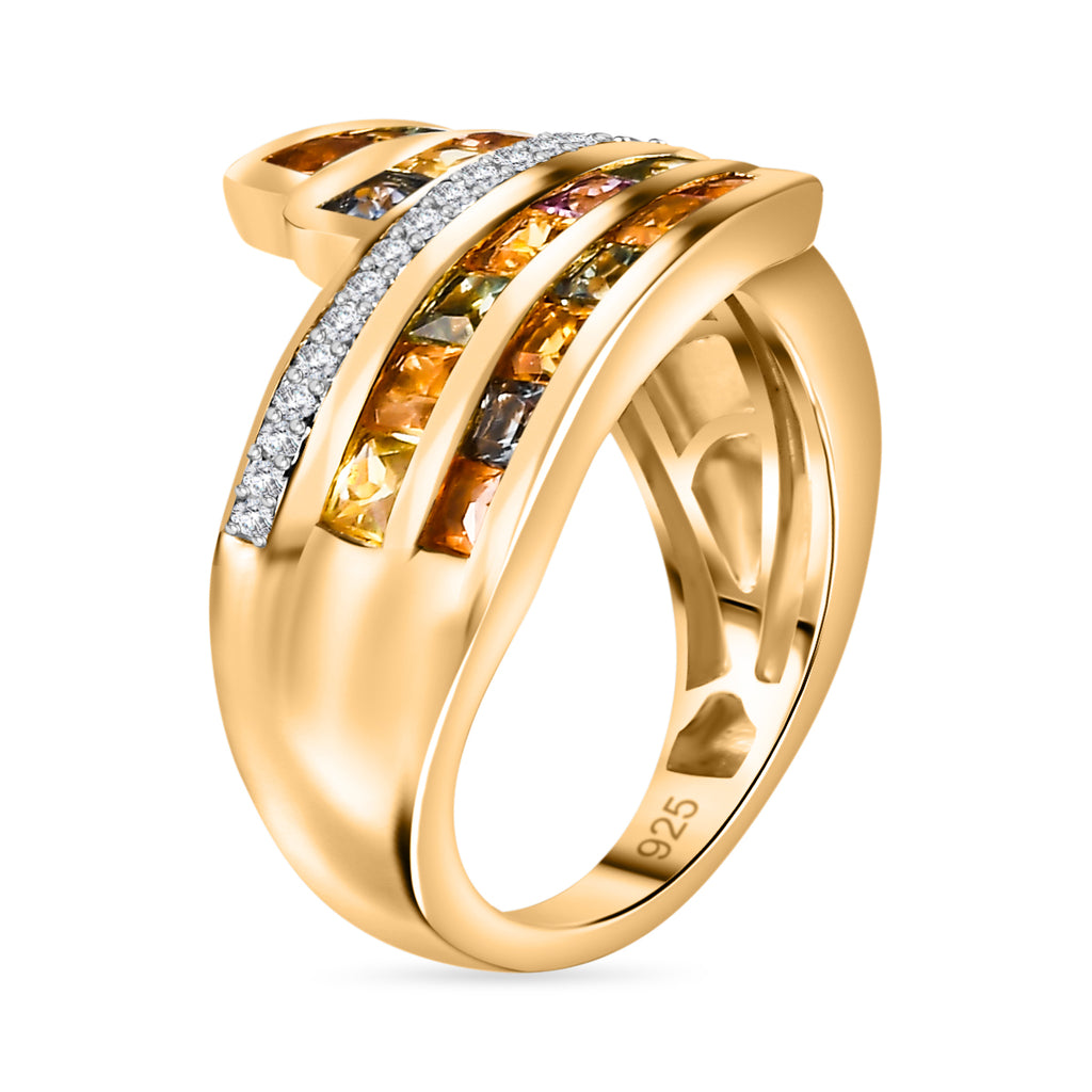 Rainbow Sapphire & Natural Zircon Bypass Ring in 18K Vermeil Yellow Gold Plated Sterling Silver 2.75 Ct_7817789_3