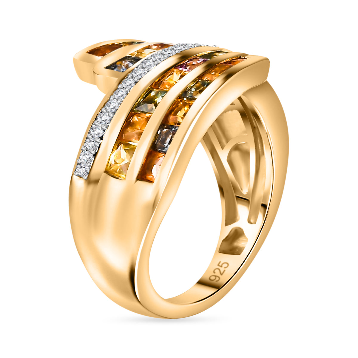 Rainbow Sapphire and Natural Zircon Bypass Ring in 18K Yellow Gold Vermeil Plated Sterling Silver 2.78 Ct 7817789 4