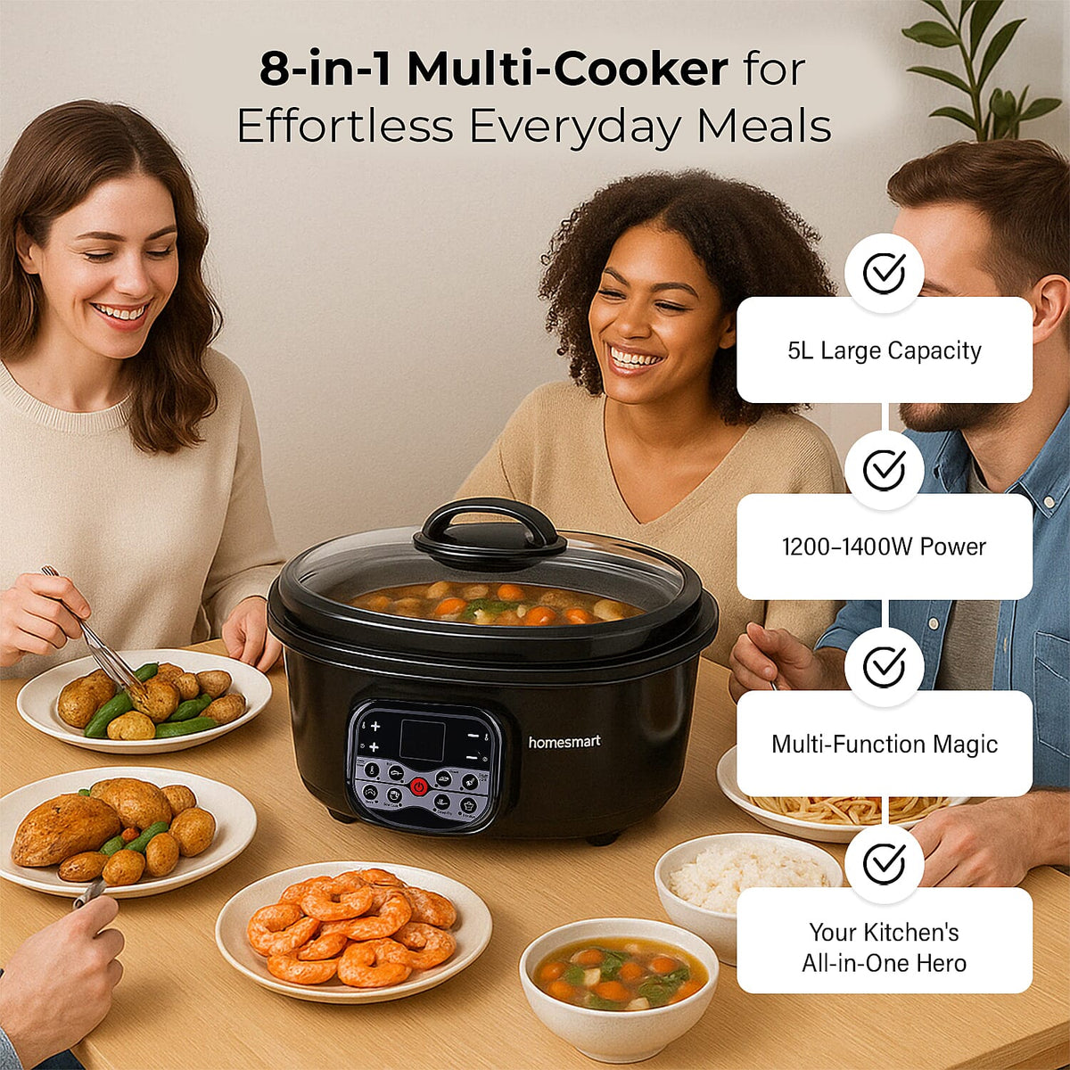 Homesmart 5L Multi Cooker with Steam Rack and Basket - Boil/Slow Cook,Steam, Roast, Grill 7818487 1