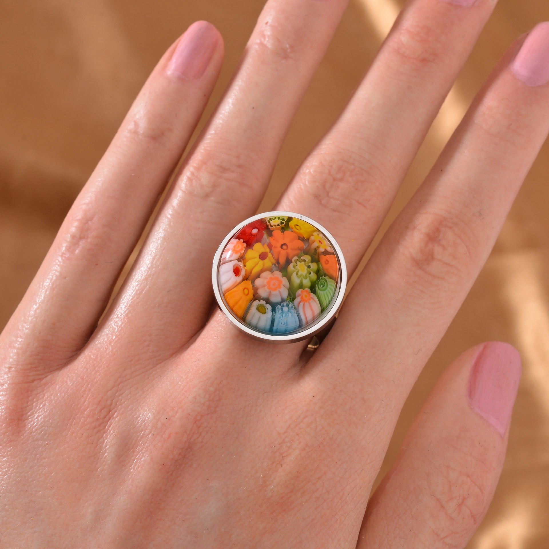 Multi Colour Murano Style Glass Ring in Pure White Stainless Steel V32514222 2
