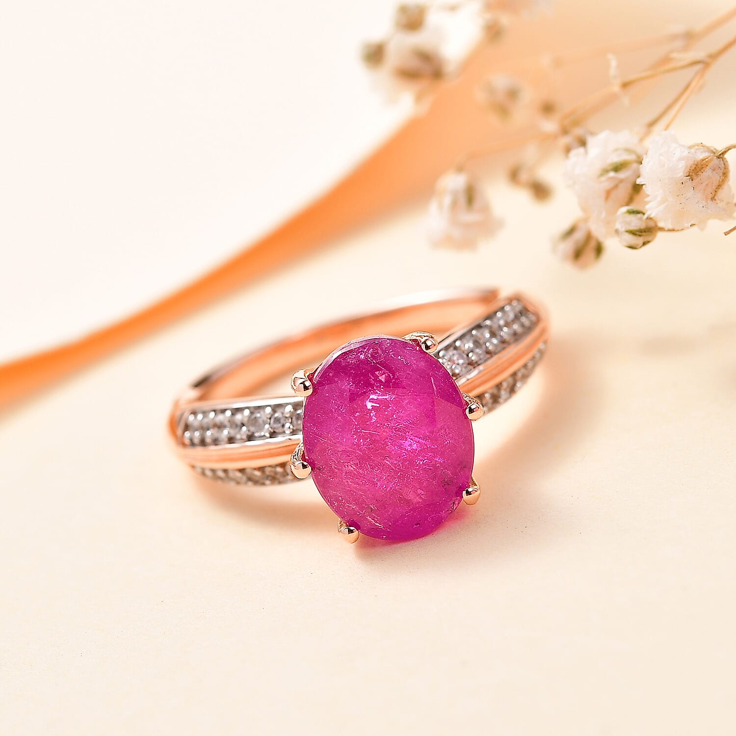 Pink Sapphire(FF) and Natural Zircon Ring in 18K Rose Gold Vermeil Plated Sterling Silver 4.40 Ct V32521944 2