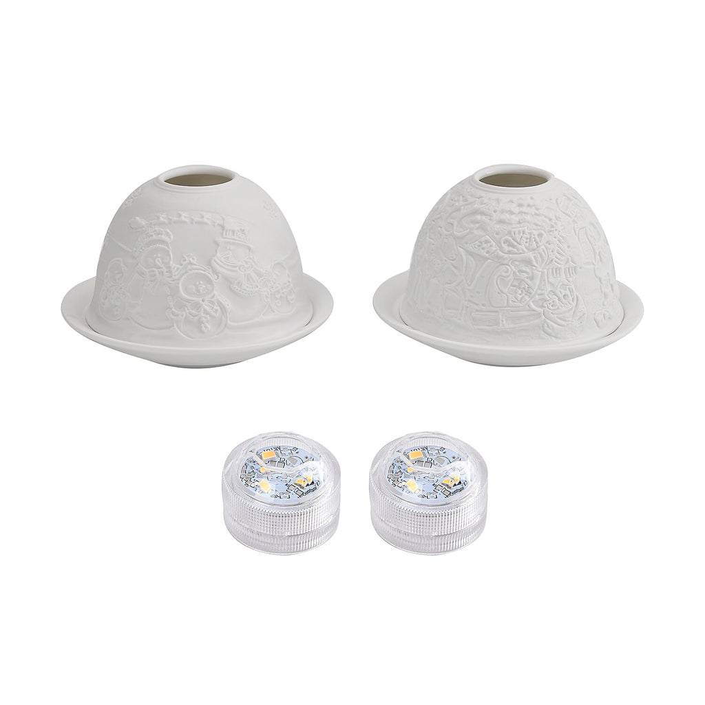 Set of 2 Snowmen Pattern Porcelain Candle Holder With LED Light - White